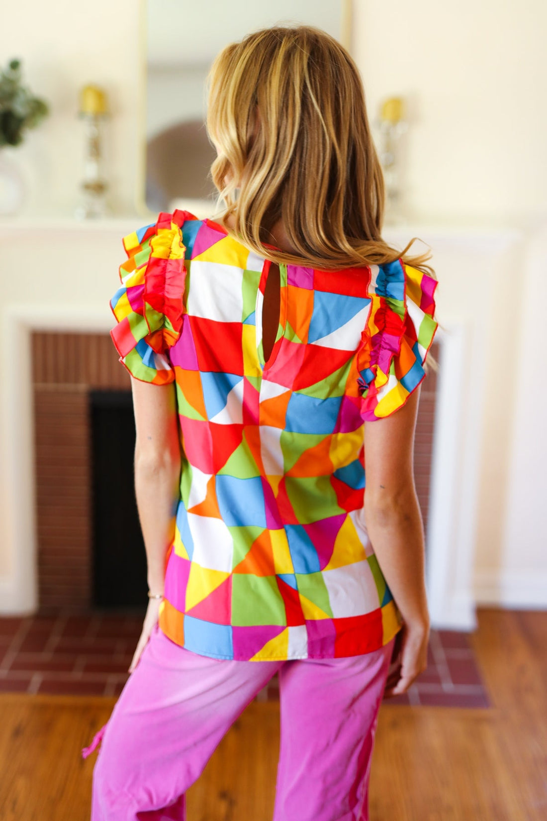 You Got This Red Geometric Print Double Ruffle Sleeve Top (Open Pack)