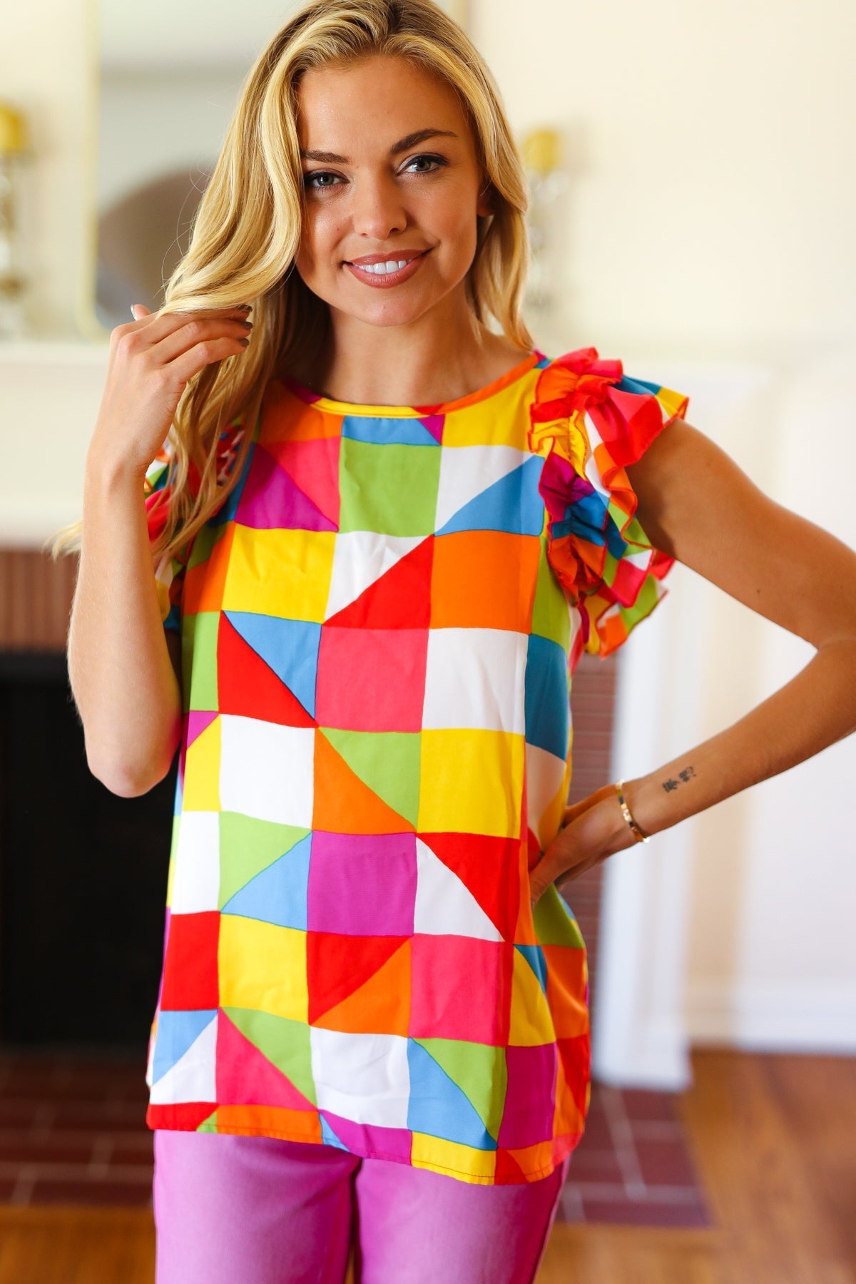 You Got This Red Geometric Print Double Ruffle Sleeve Top (Open Pack)