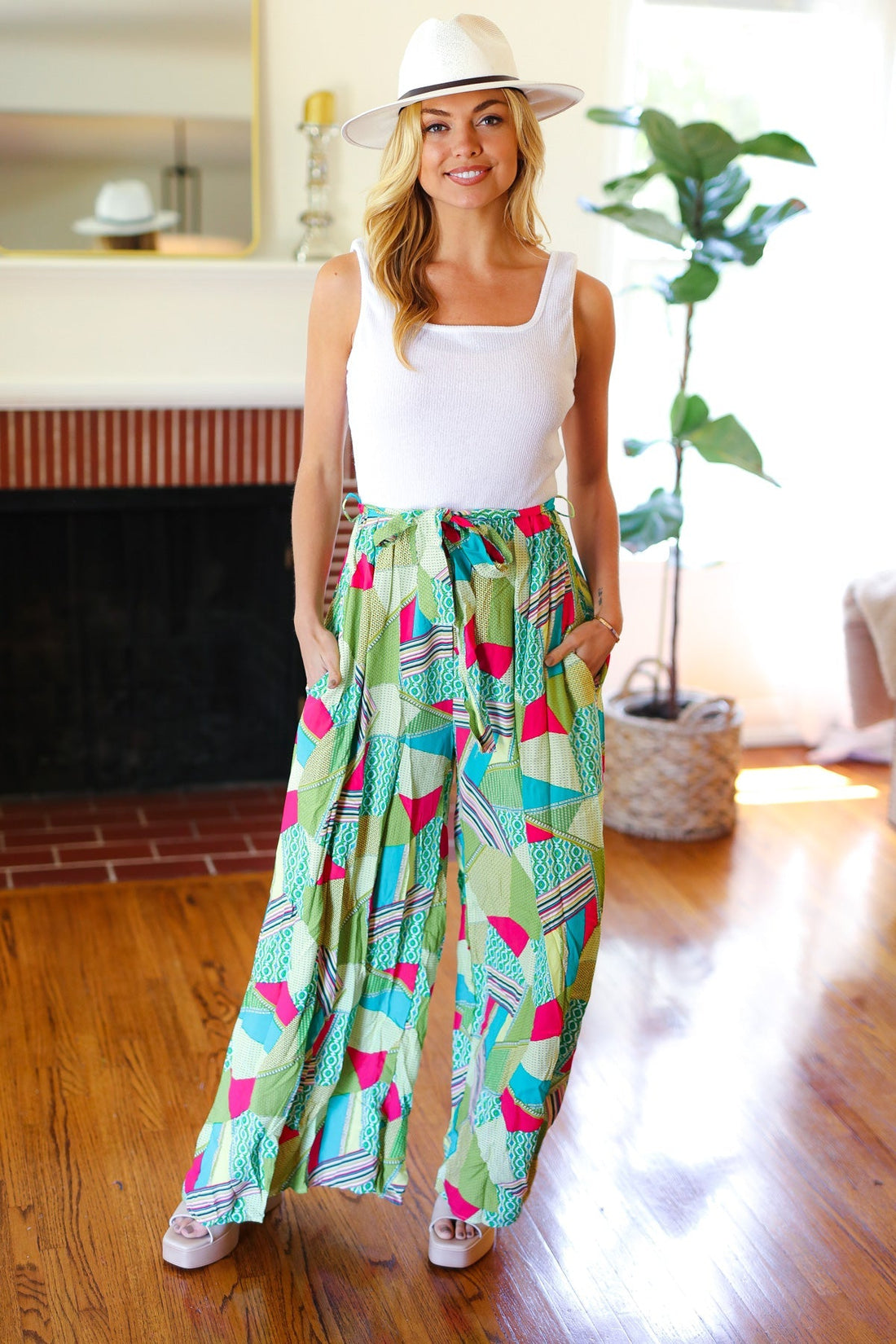 PLUS Feeling Couture Ivory & Mint Corded Geo Print Wide Leg Jumpsuit (Open Pack)