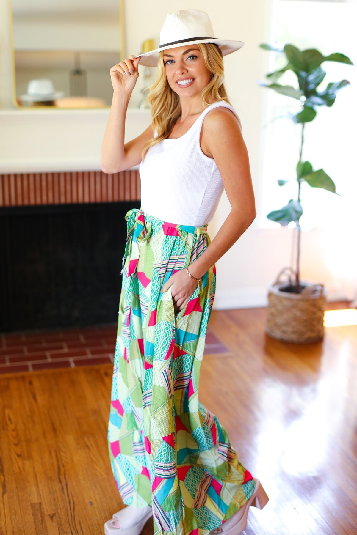 PLUS Feeling Couture Ivory & Mint Corded Geo Print Wide Leg Jumpsuit (Open Pack)