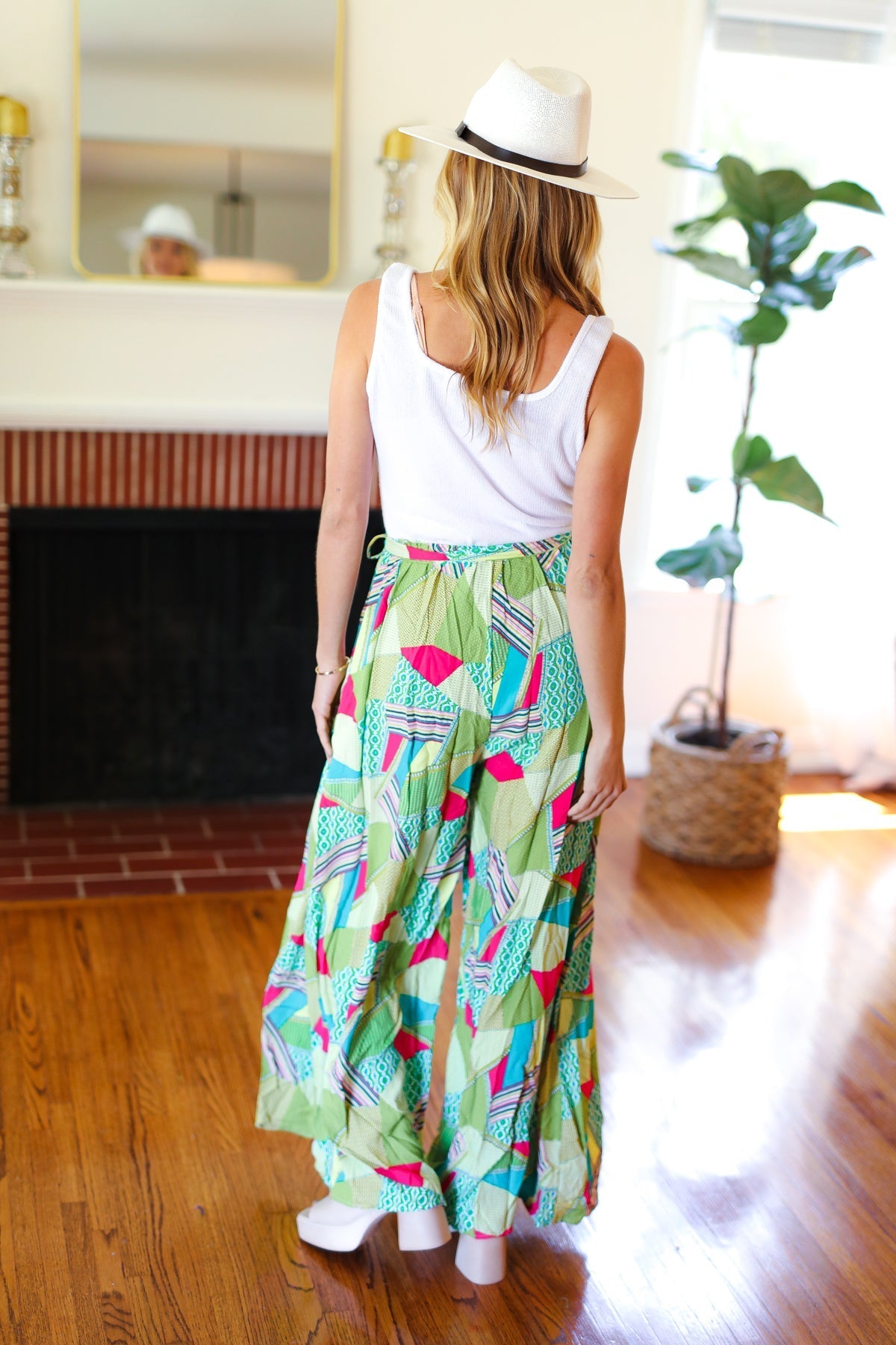PLUS Feeling Couture Ivory & Mint Corded Geo Print Wide Leg Jumpsuit (Open Pack)