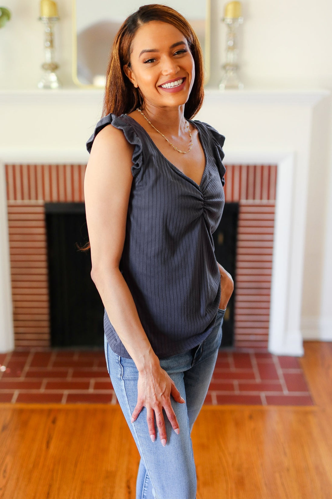 Sunny Days Charcoal Neckline Ribbed Top (Open Pack)