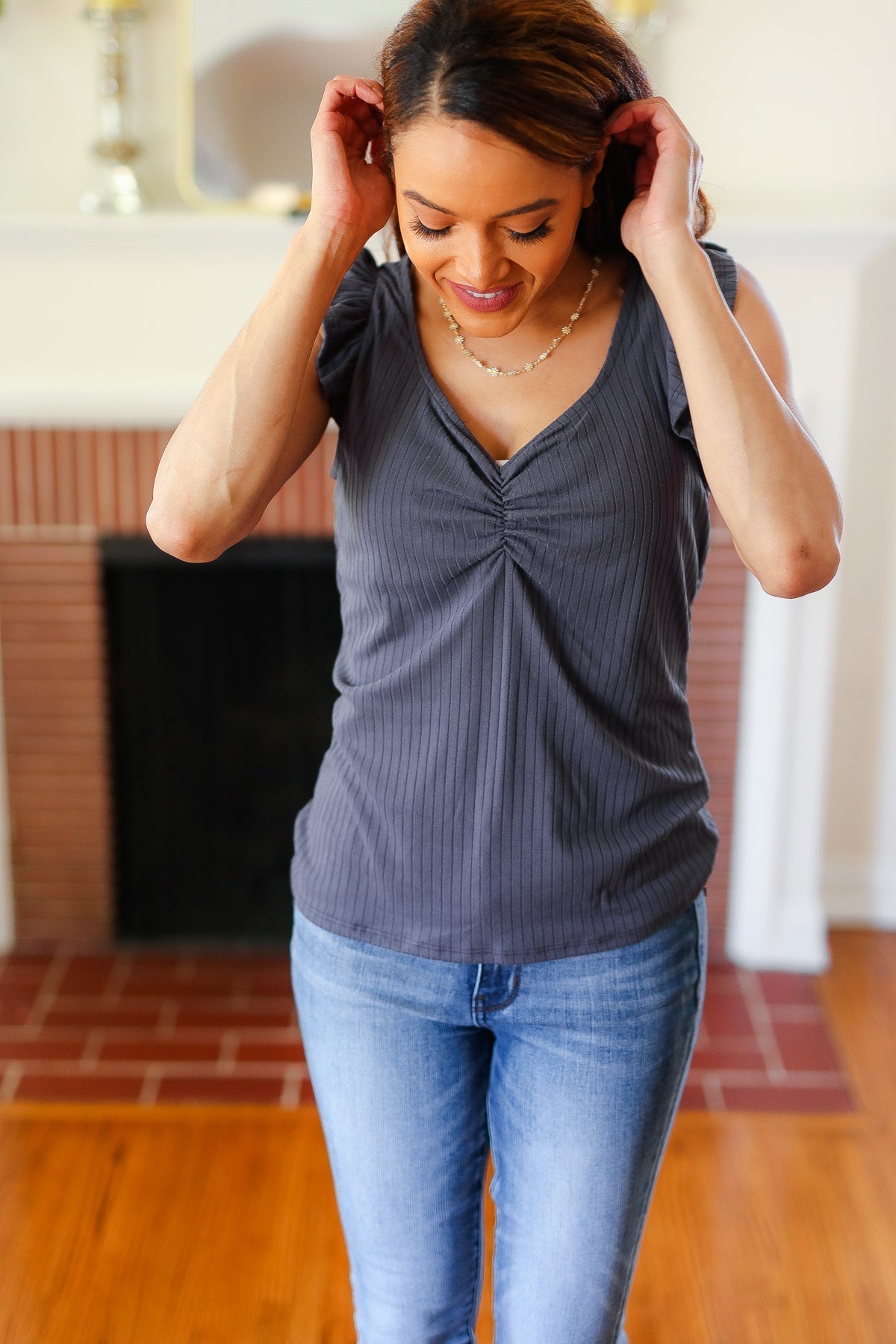 Sunny Days Charcoal Neckline Ribbed Top (Open Pack)