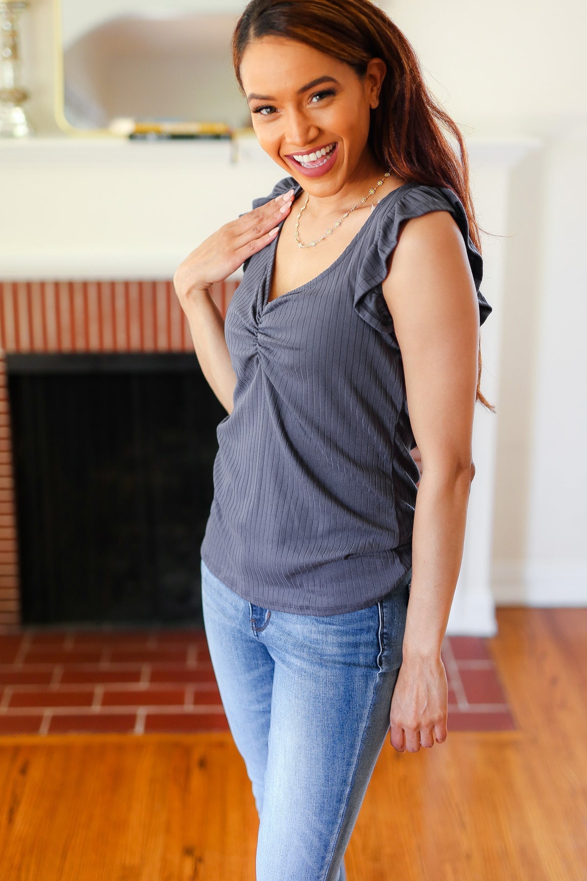 Sunny Days Charcoal Neckline Ribbed Top (Open Pack)