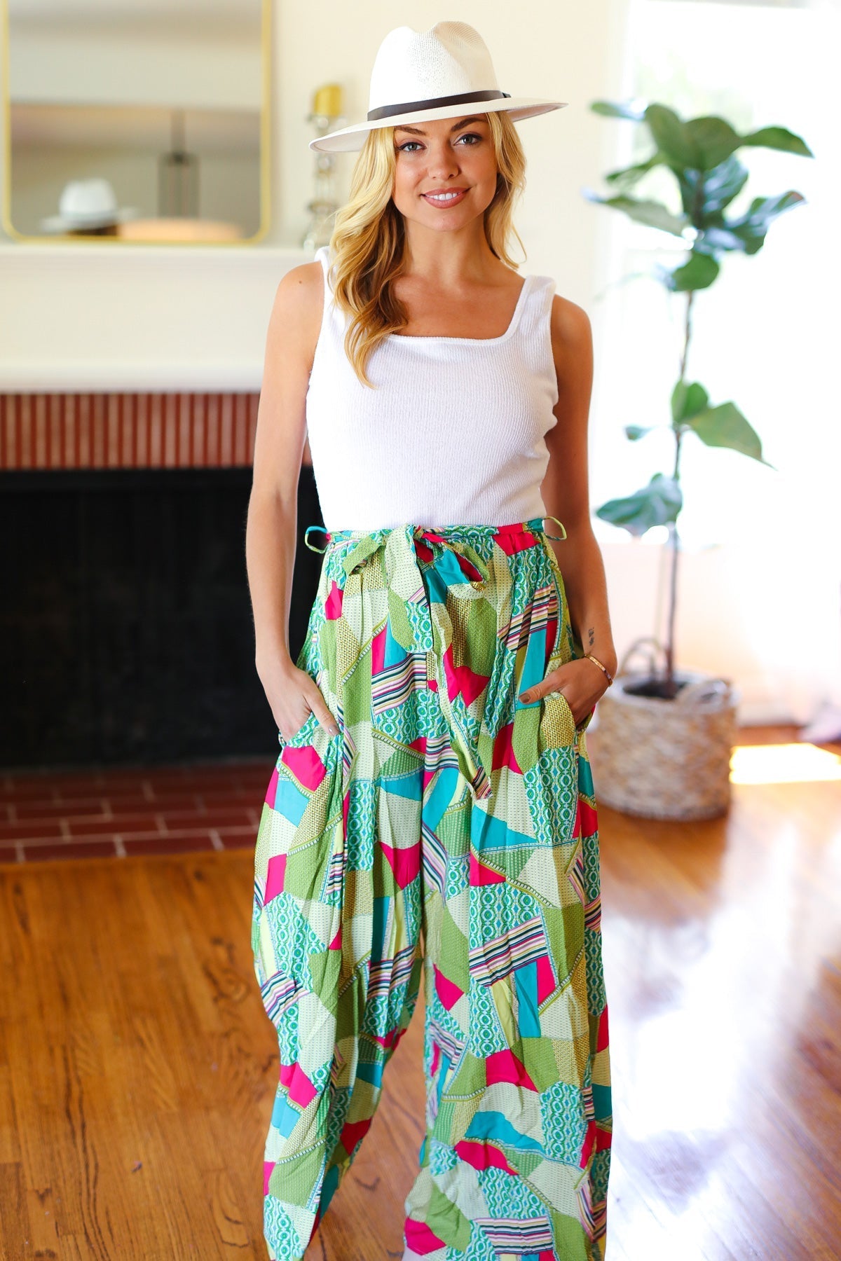 PLUS Feeling Couture Ivory & Mint Corded Geo Print Wide Leg Jumpsuit (Open Pack)