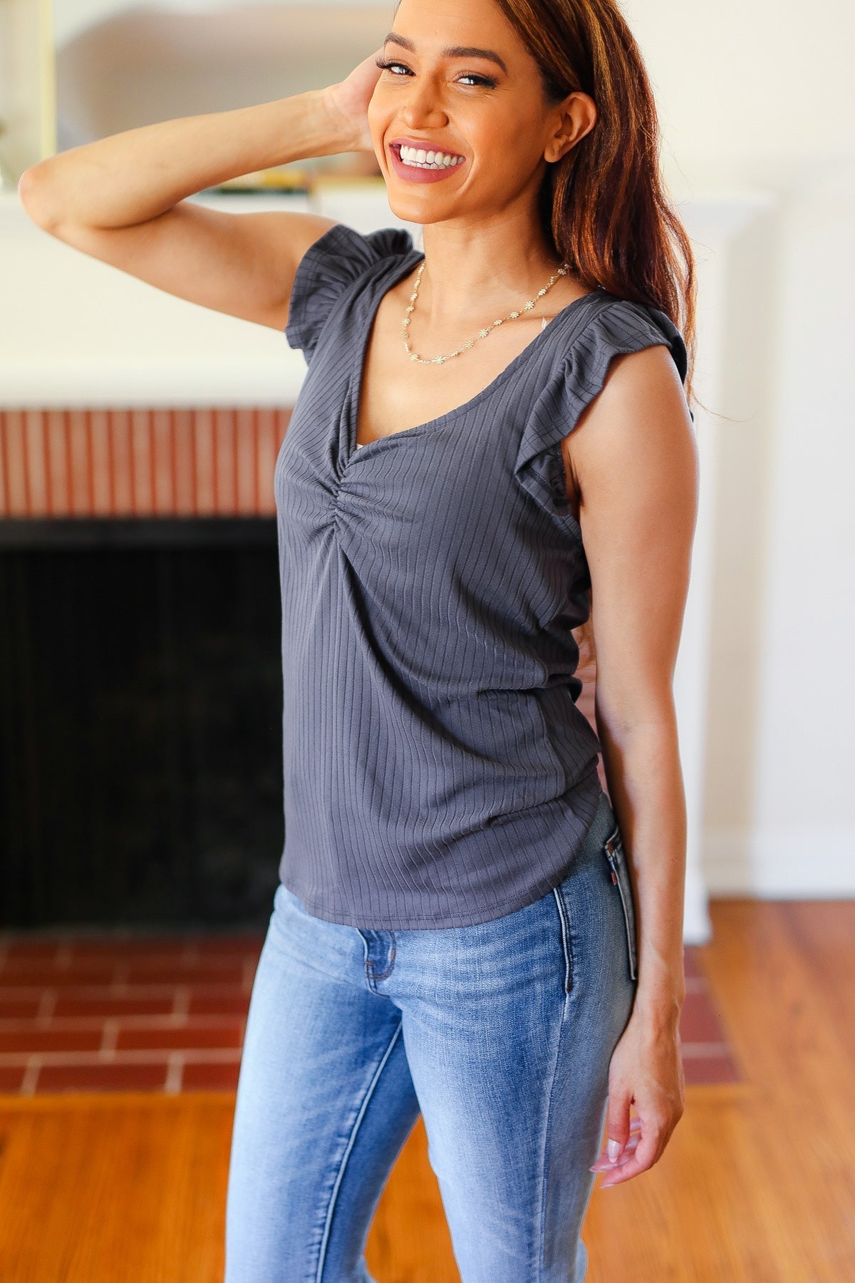 Sunny Days Charcoal Neckline Ribbed Top (Open Pack)