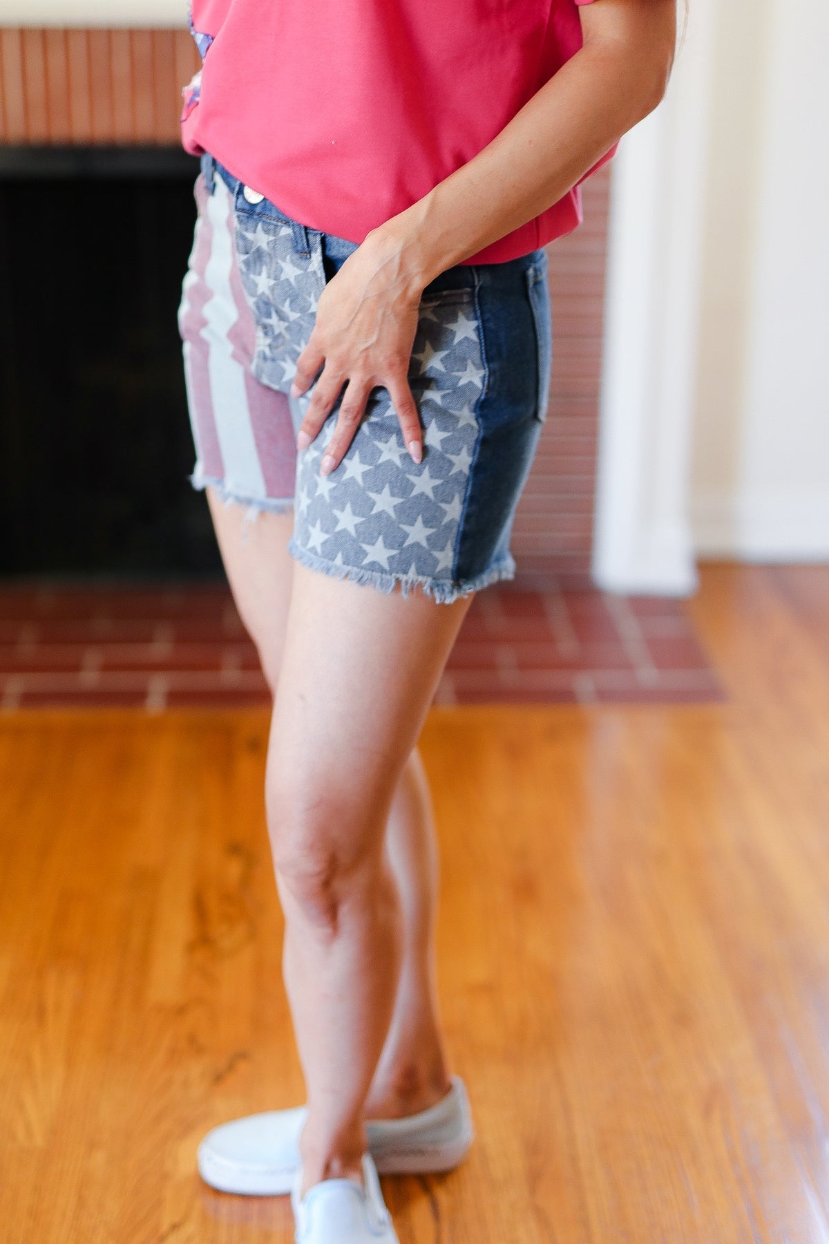 American Flag High Rise Frayed Hem Denim Shorts (Open Pack)