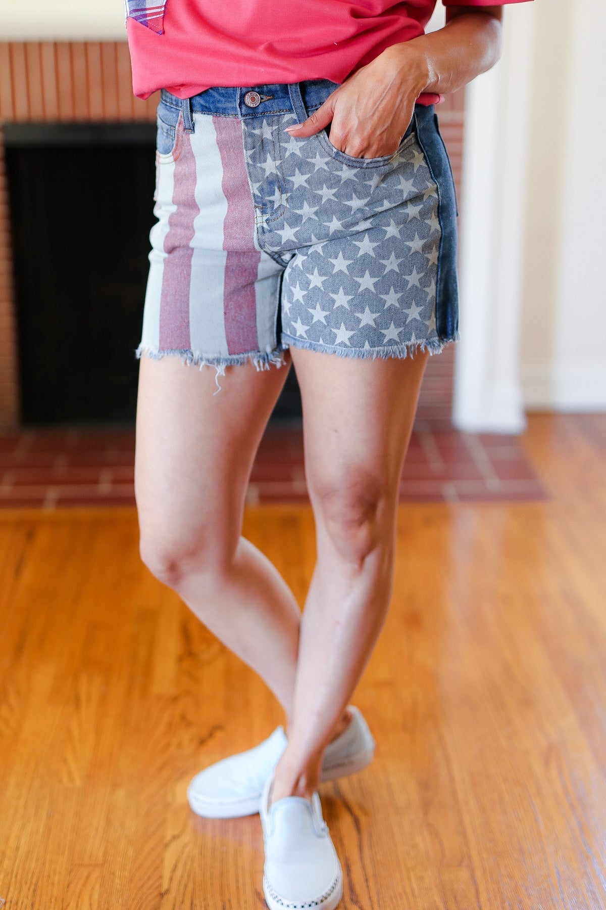 American Flag High Rise Frayed Hem Denim Shorts (Open Pack)