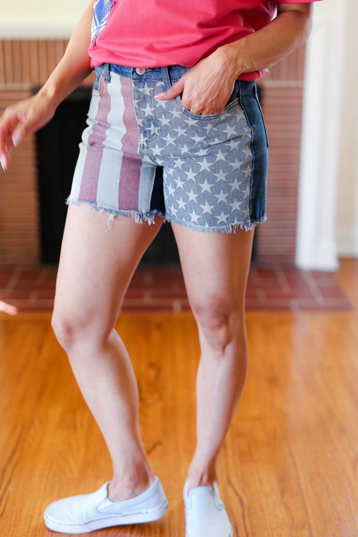 American Flag High Rise Frayed Hem Denim Shorts (Open Pack)