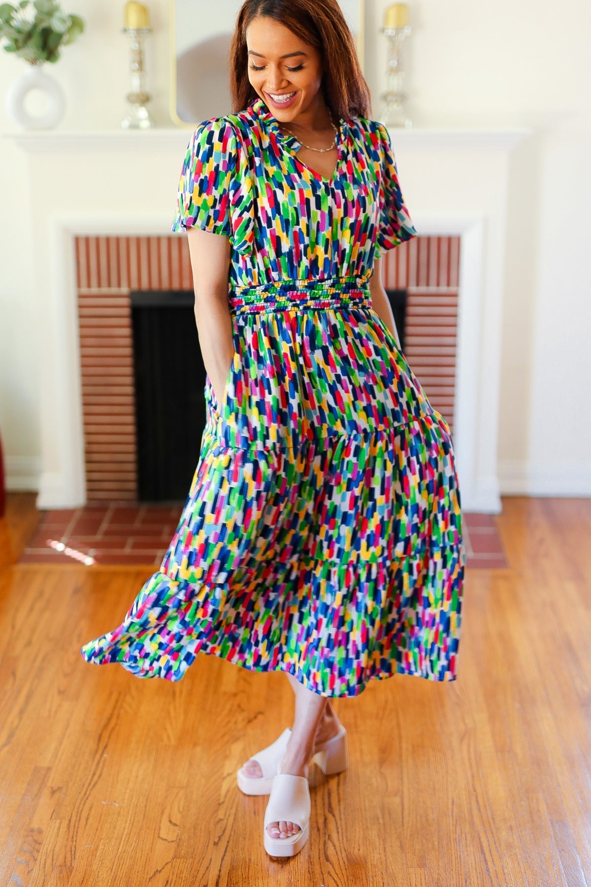 All For You Navy Multicolor Abstract Print Smocked Waist Maxi Dress (Open Pack)
