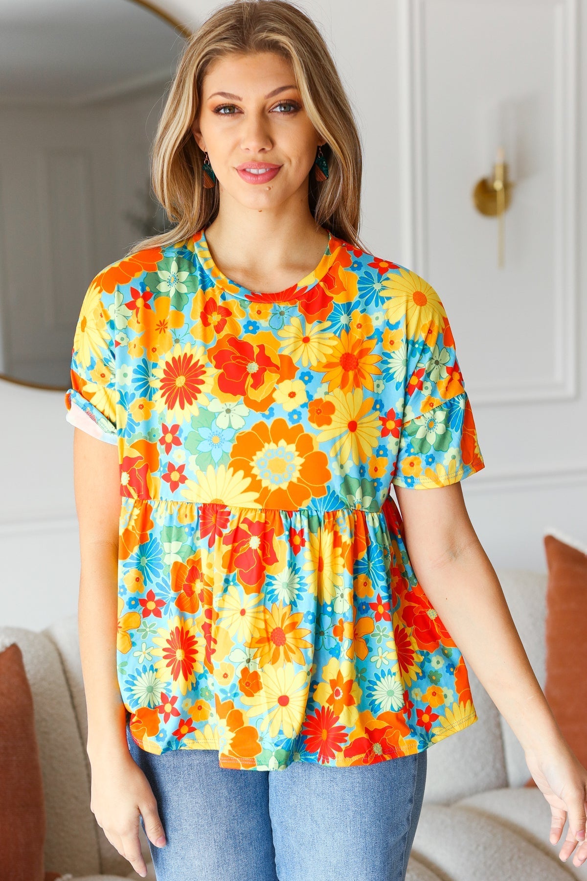 Sunflower& Red Retro Floral Swing Babydoll Top (Open Pack)