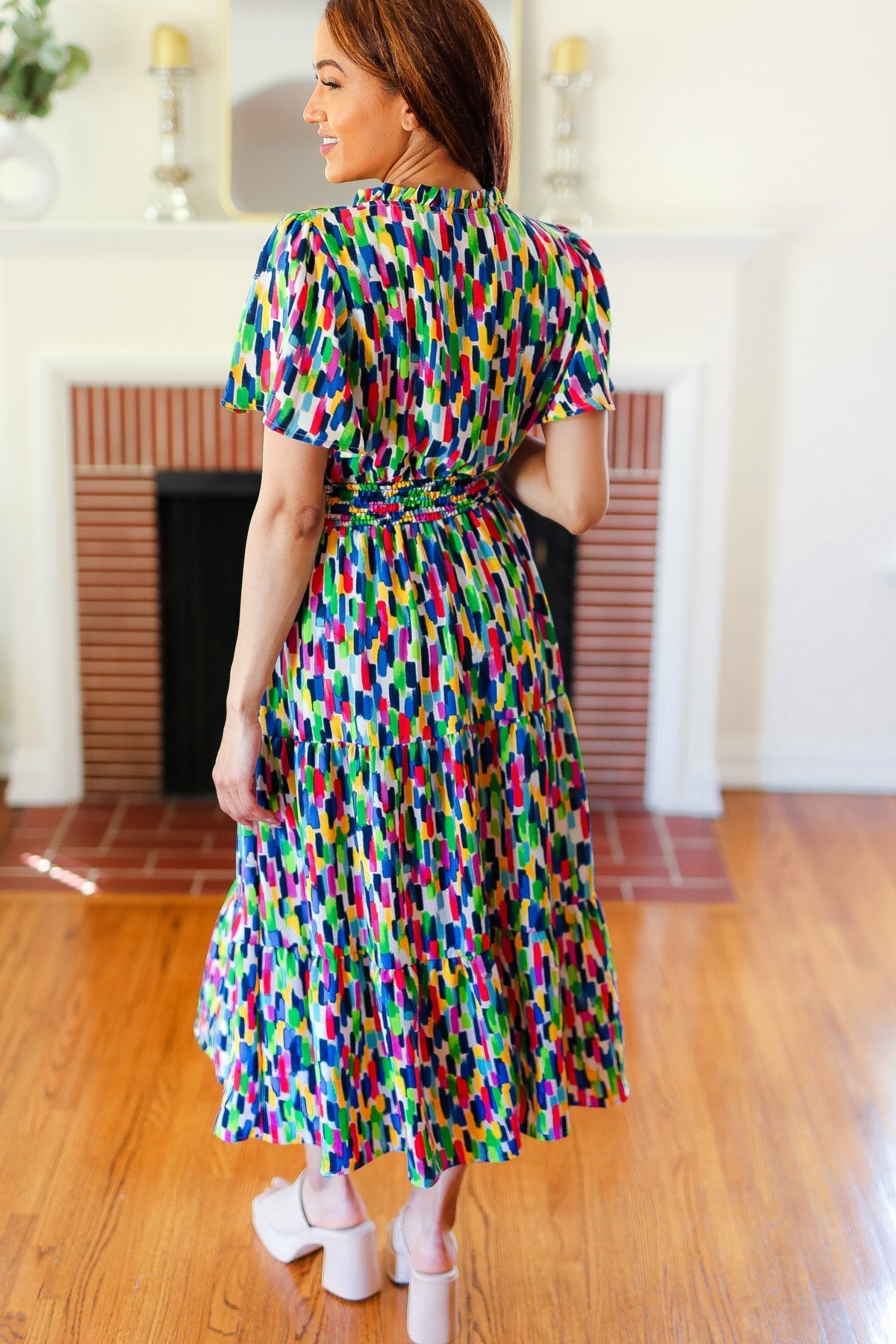 All For You Navy Multicolor Abstract Print Smocked Waist Maxi Dress (Open Pack)
