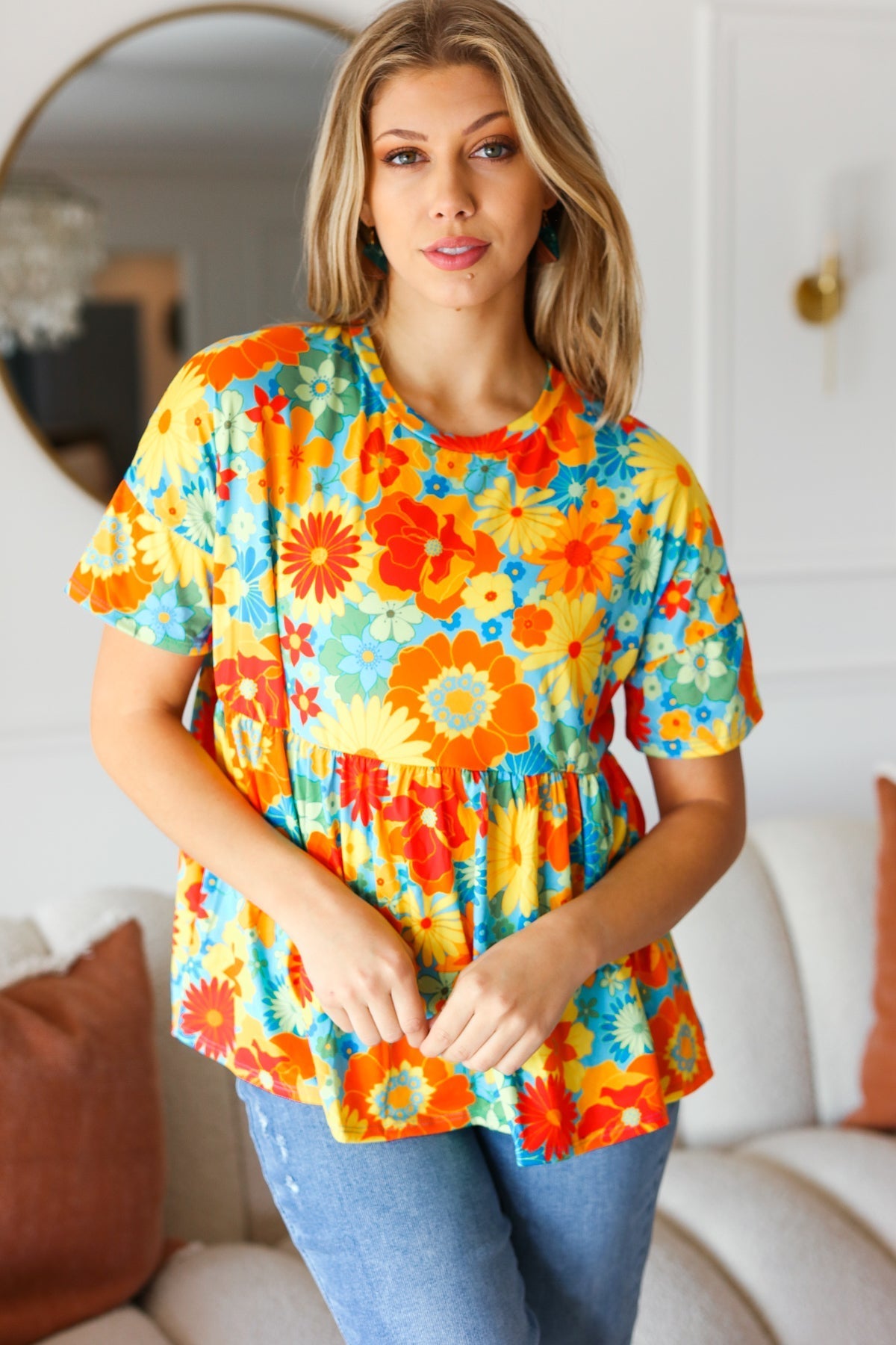 Sunflower& Red Retro Floral Swing Babydoll Top (Open Pack)