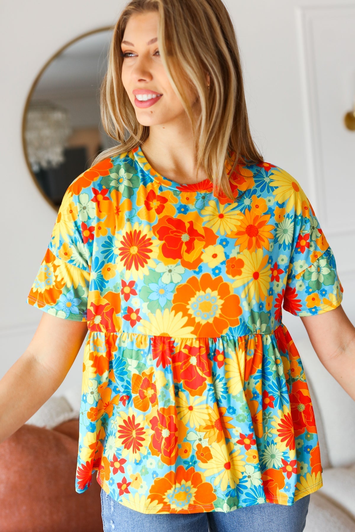 Sunflower& Red Retro Floral Swing Babydoll Top (Open Pack)