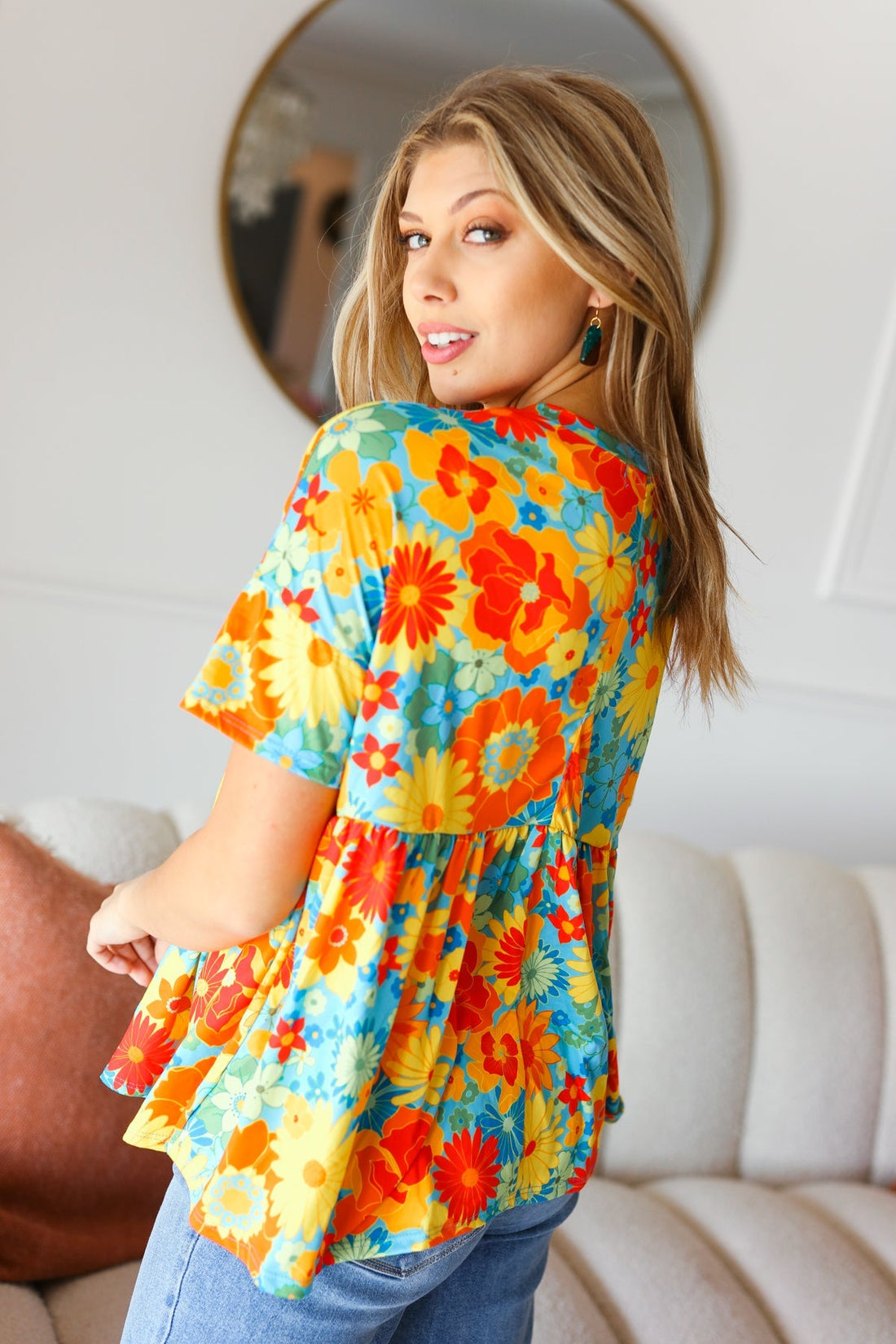 Sunflower& Red Retro Floral Swing Babydoll Top (Open Pack)