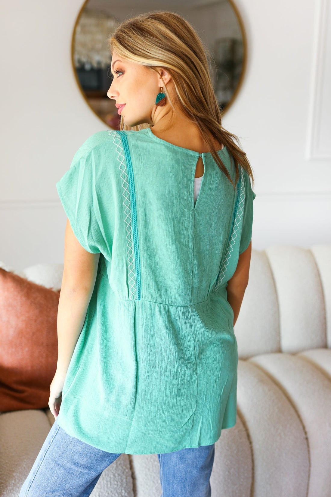 Mint Embroidered Woven Short Sleeve Dolman Top (Open Pack)