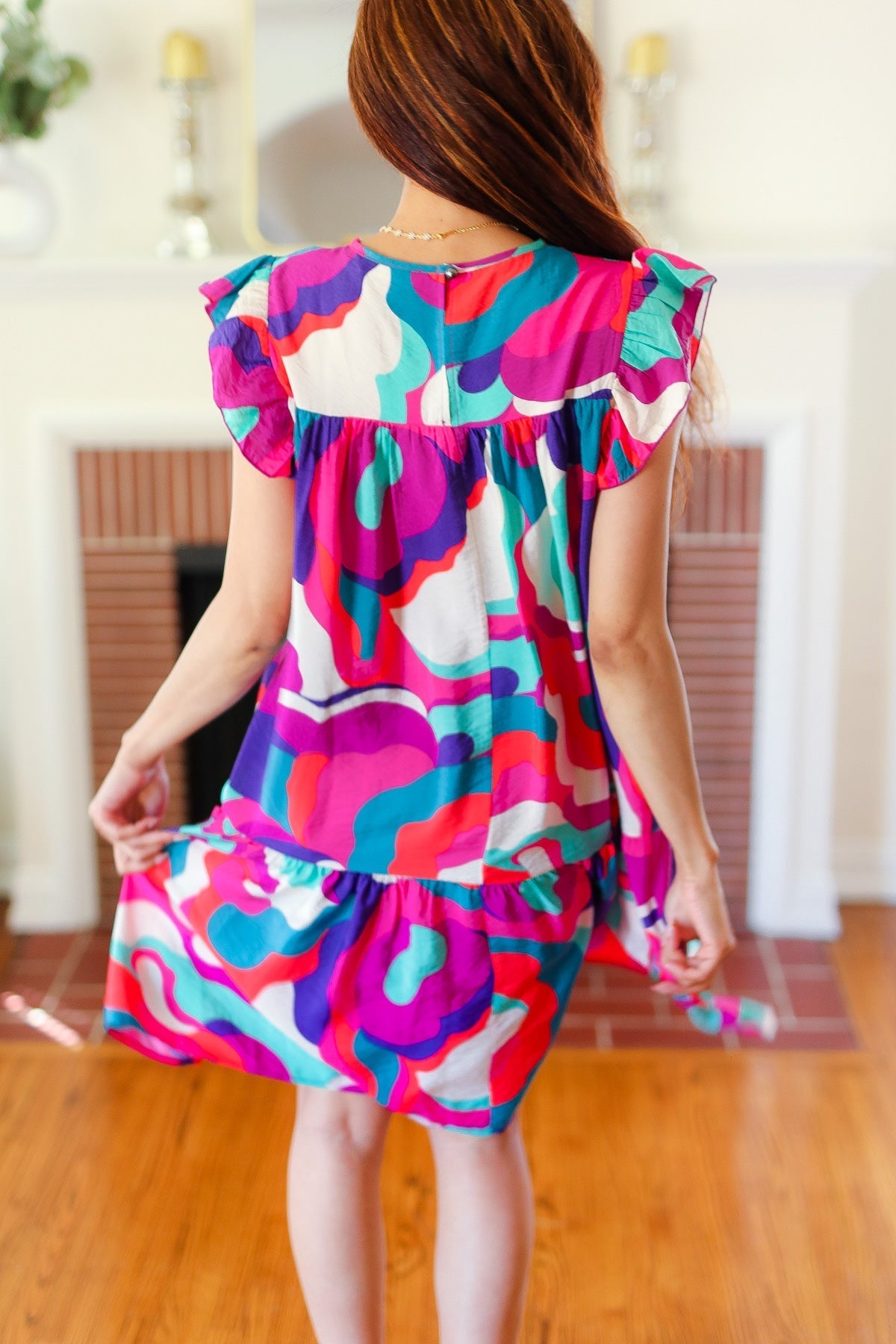 Go For Fun Fuchsia Geo Print Tiered Ruffle Sleeve Woven Dress (Open Pack)