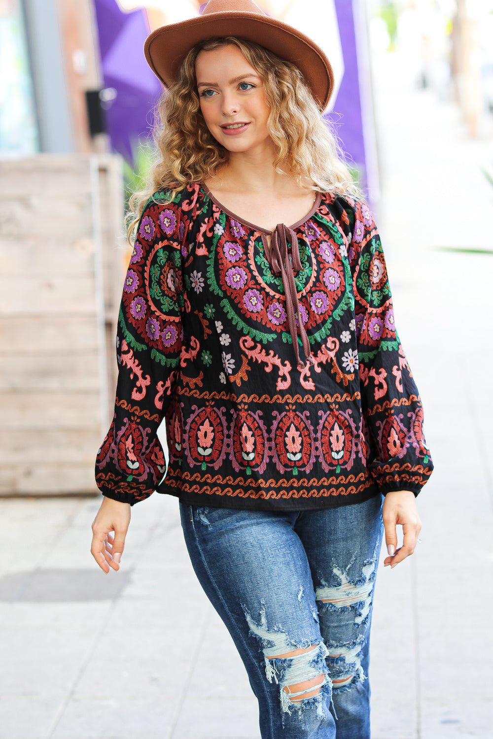 Take The Leap Black & Mauve Border Print Boho Tie Top (Open Pack)