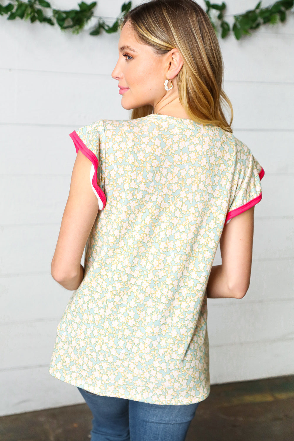 Mint Floral French Terry Ruffle Sleeve Top (Open Pack)