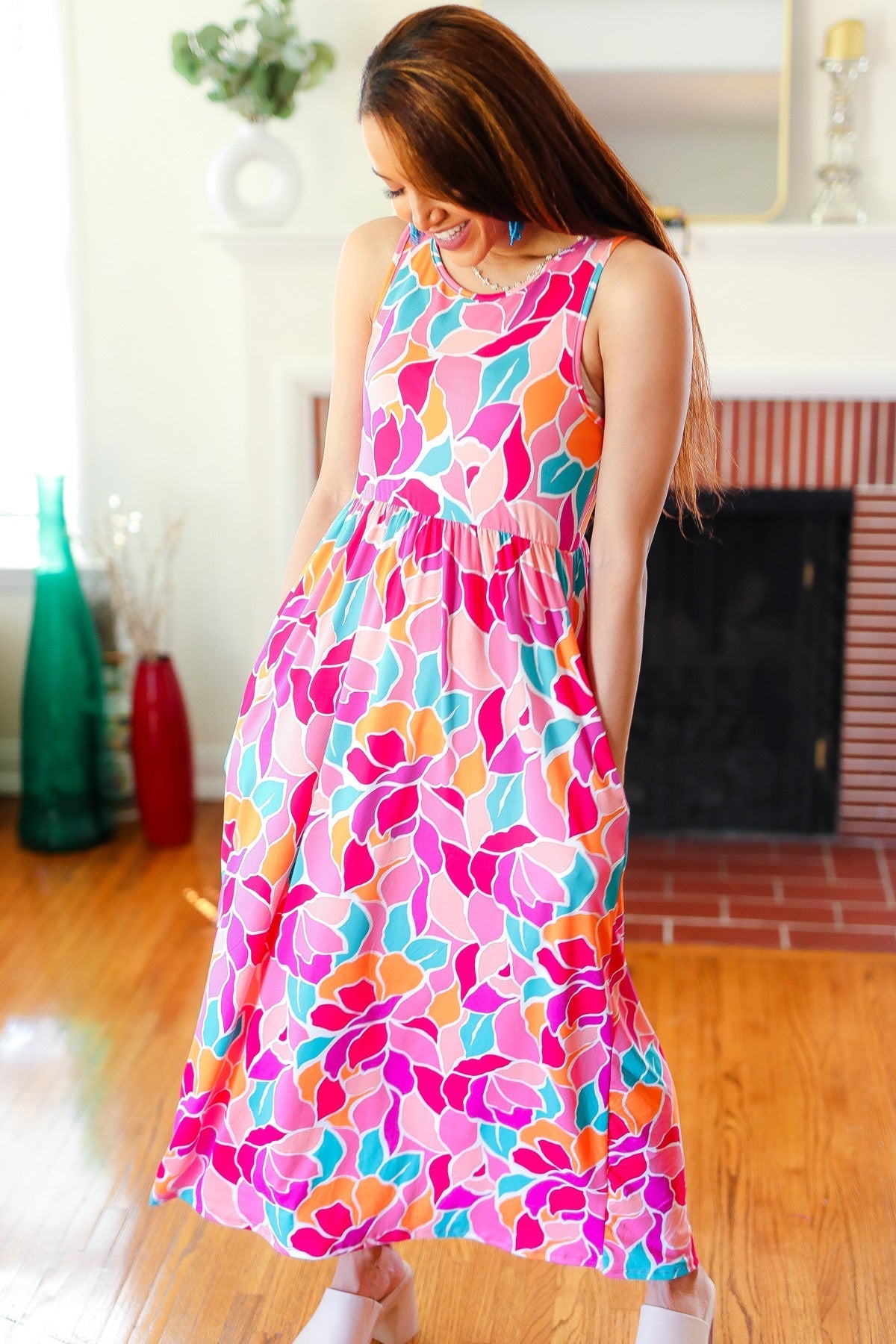 Hello Beautiful Fuchsia Abstract Floral Fit & Flare Maxi Dress (Open Pack)