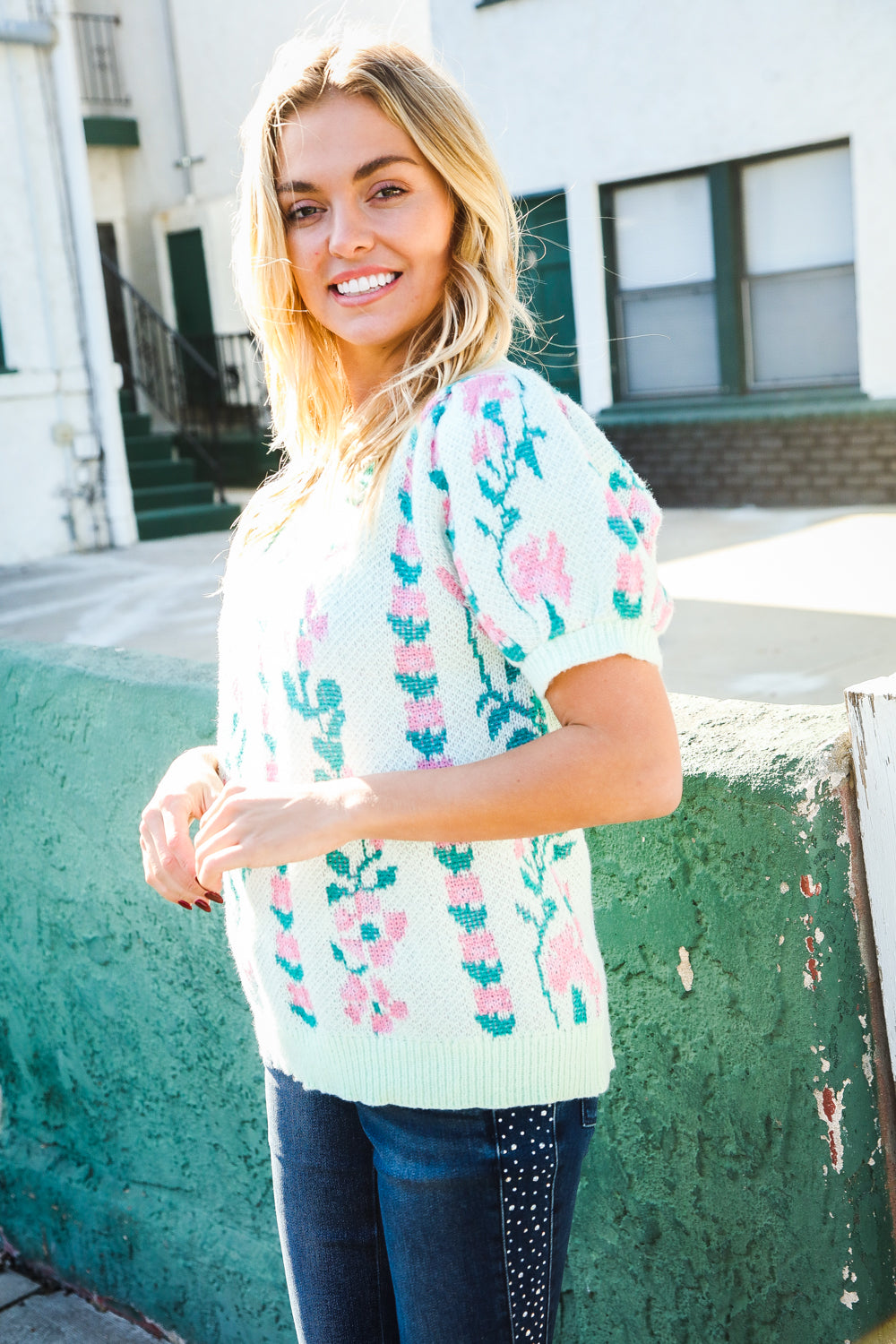 All For Love Mint Jacquard Floral Bubble Sleeve Sweater Top (Open Pack)