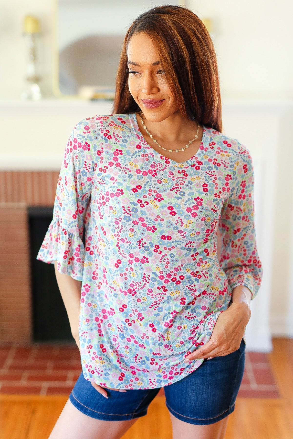 Feeling It Blue Floral Print Ruffle Three Quarter Sleeve Top (Open Pack)