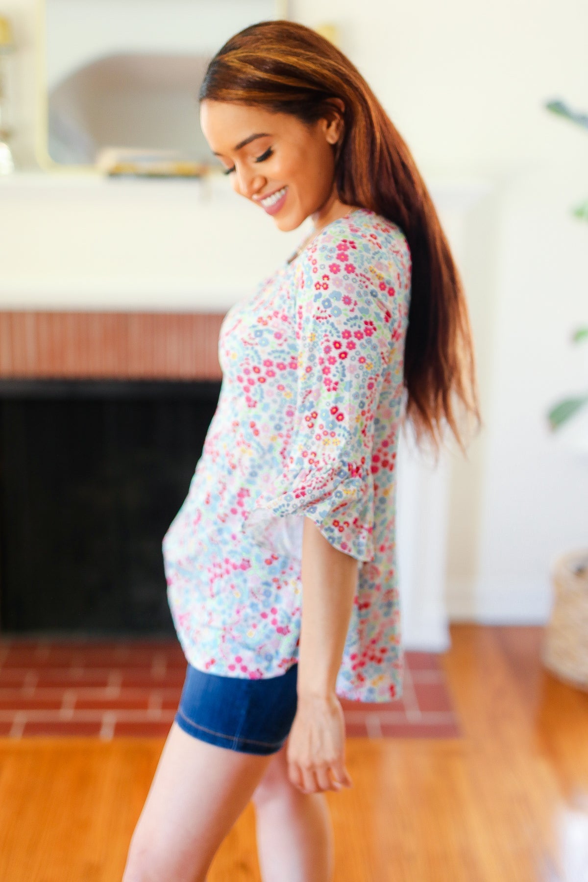 Feeling It Blue Floral Print Ruffle Three Quarter Sleeve Top (Open Pack)