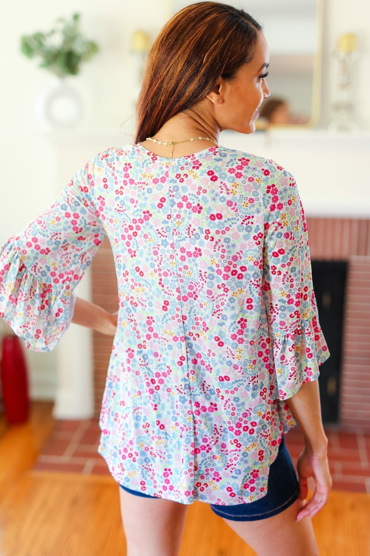 Feeling It Blue Floral Print Ruffle Three Quarter Sleeve Top (Open Pack)