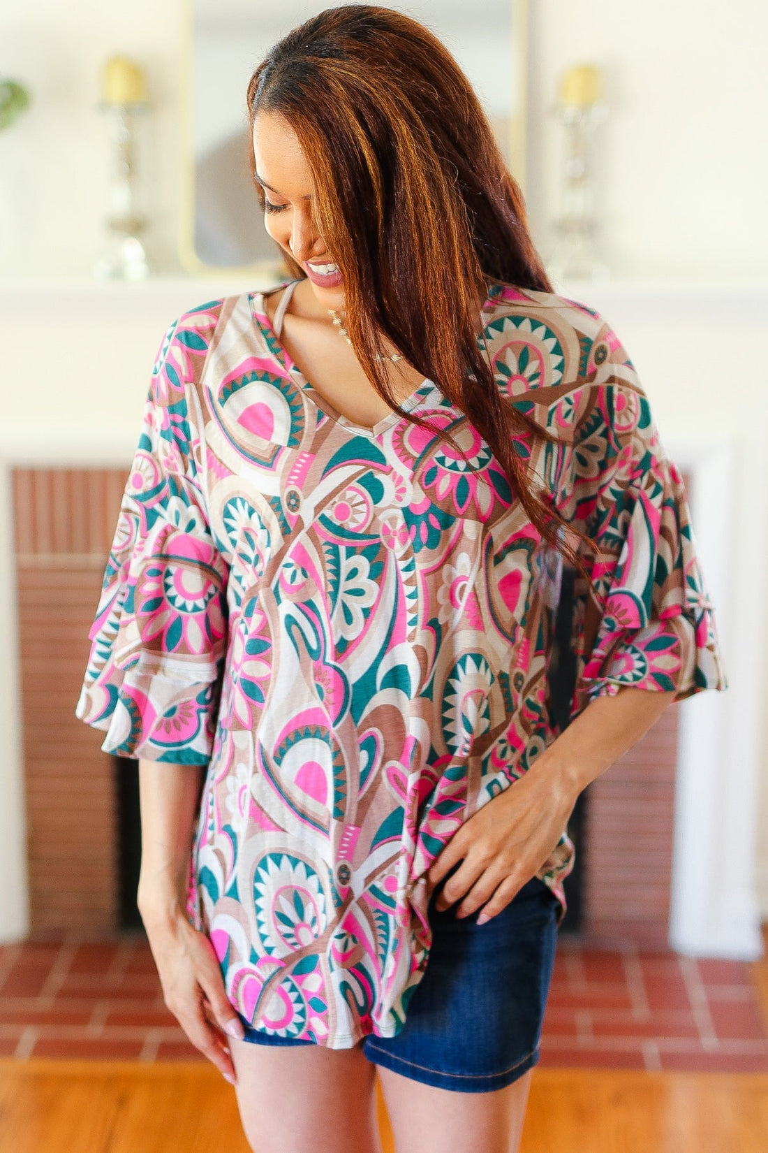 Eyes On You Teal Paisley Double Ruffle Sleeve Top (Open Pack)