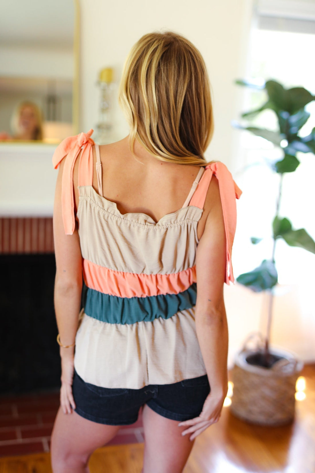 Peach Tie Knot Shoulder Detail Color Block Top (Open Pack)