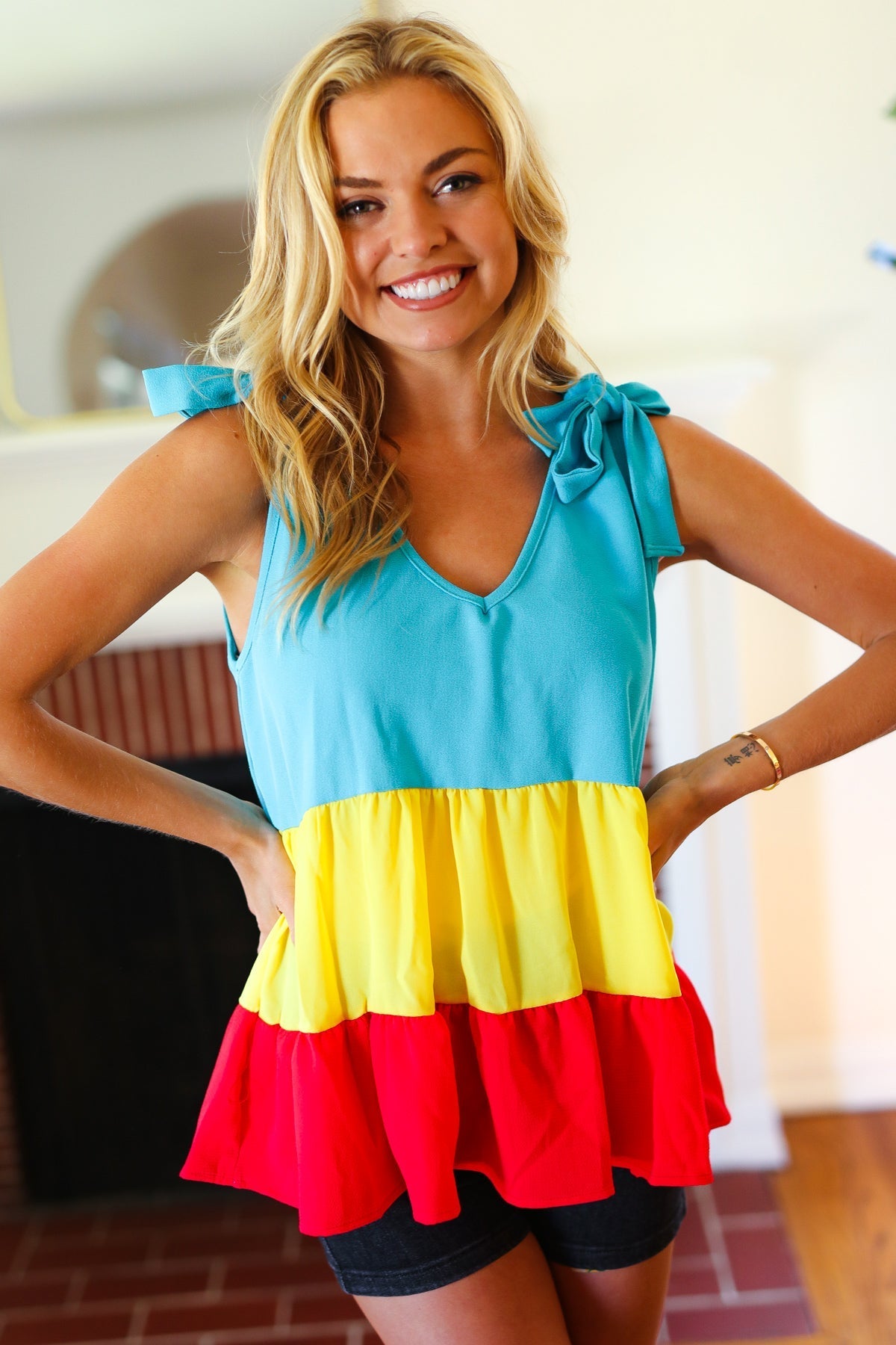 Multicolor Tiered Shoulder Tie Bow Crepe Top (Open Pack)