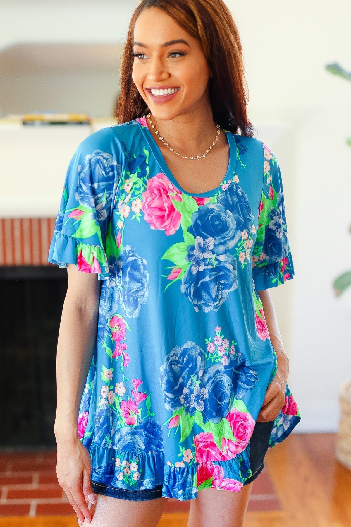 Feeling Playful Blue Floral Ruffle Sleeve & Hem Tunic Top (Open Pack)