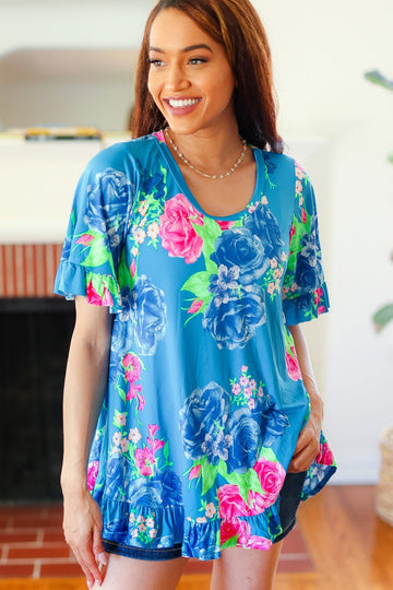Feeling Playful Blue Floral Ruffle Sleeve & Hem Tunic Top (Open Pack)