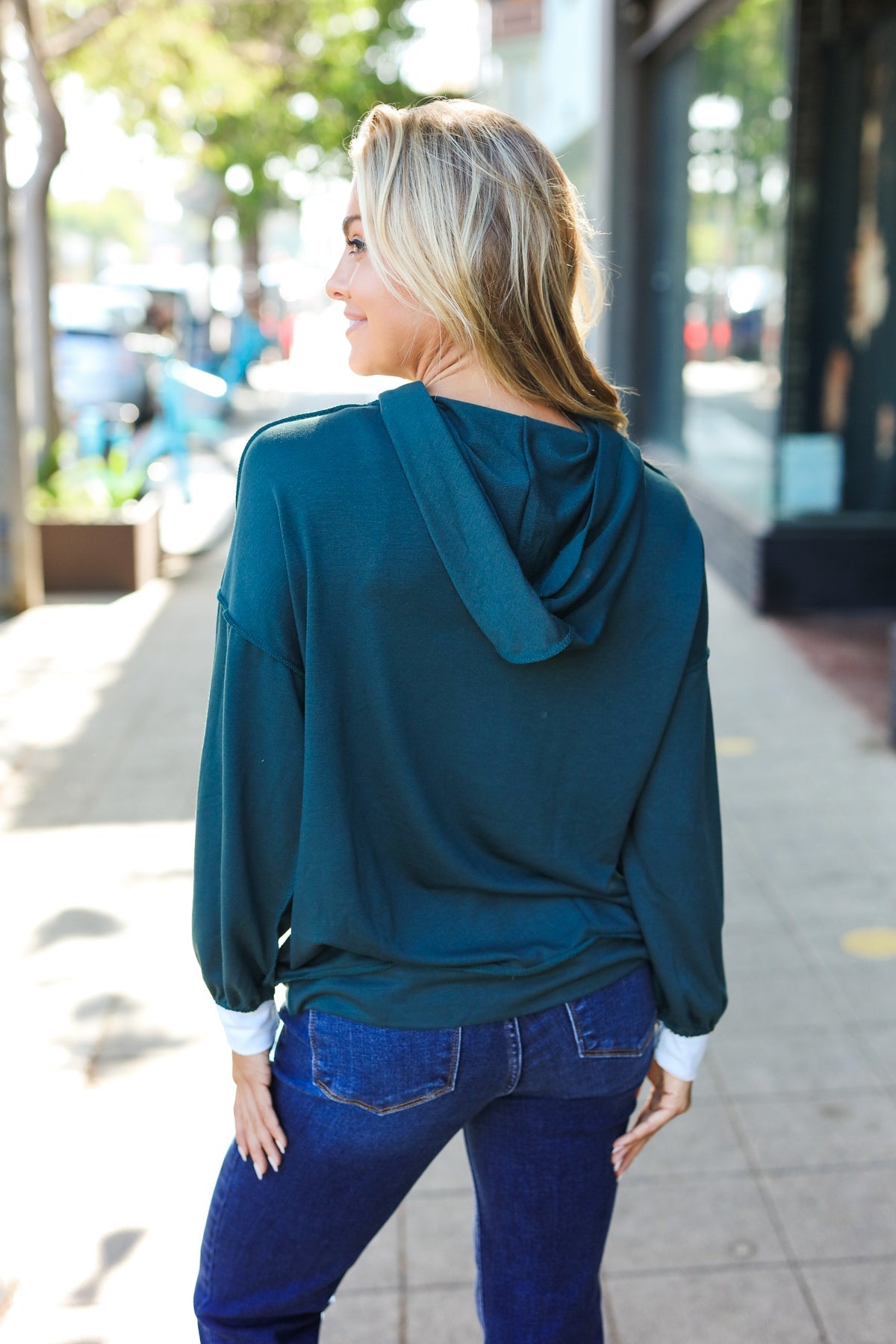 Adorable In Hunter Green Color Block Check Print Terry Hoodie (Open Pack)