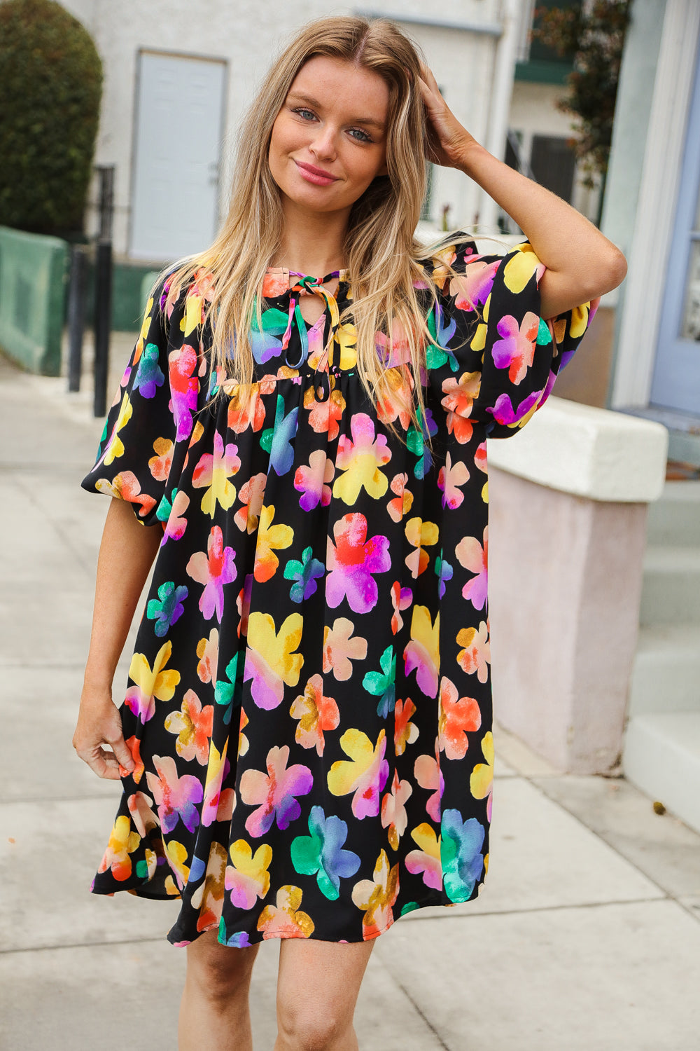 Look Adorable Ribbon Bow Tie Floral Babydoll Dress with Pockets (Open Pack)