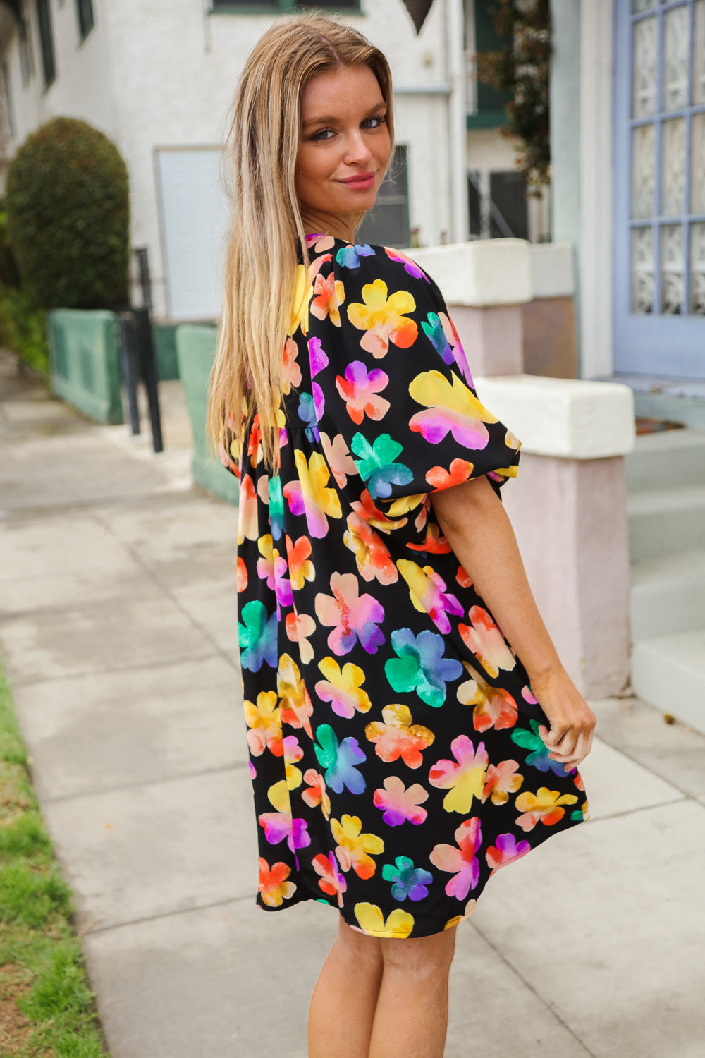 Look Adorable Ribbon Bow Tie Floral Babydoll Dress with Pockets (Open Pack)