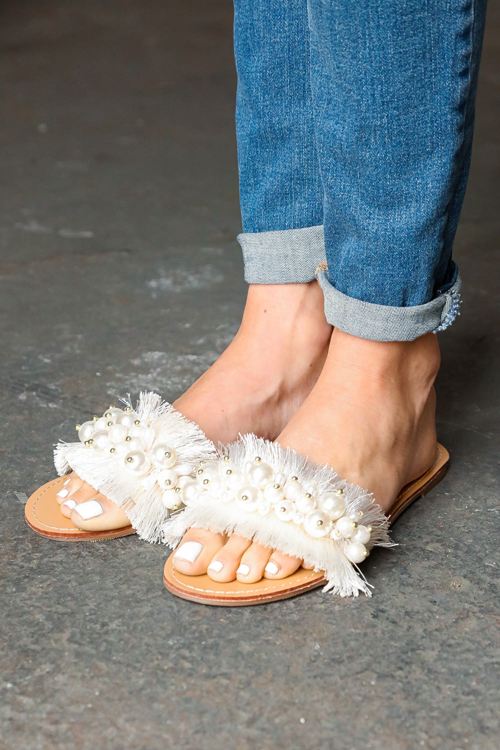 Ivory Linen Fray Beaded Faux Pearl Slide Sandal (Open Pack)