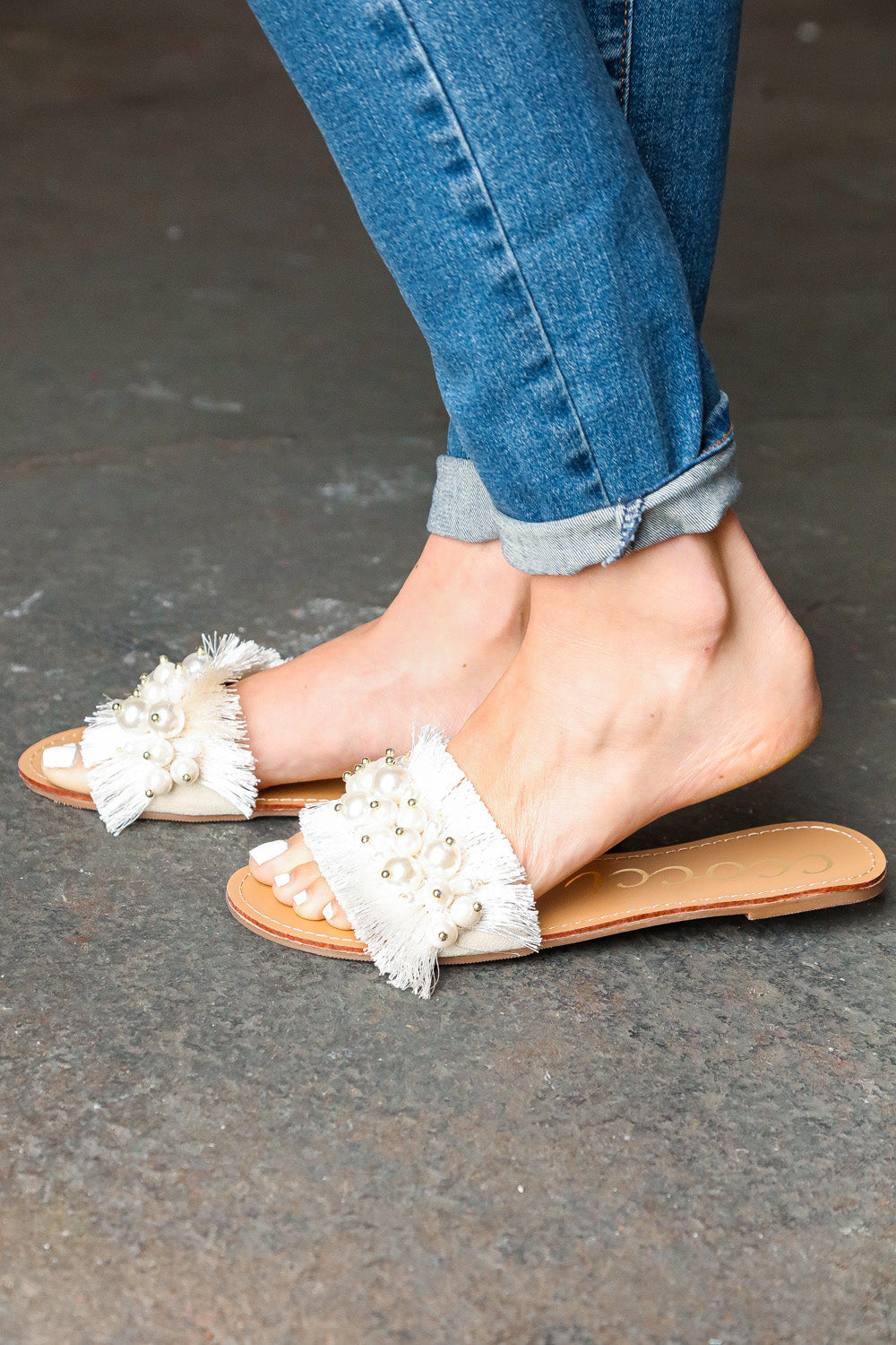 Ivory Linen Fray Beaded Faux Pearl Slide Sandal (Open Pack)