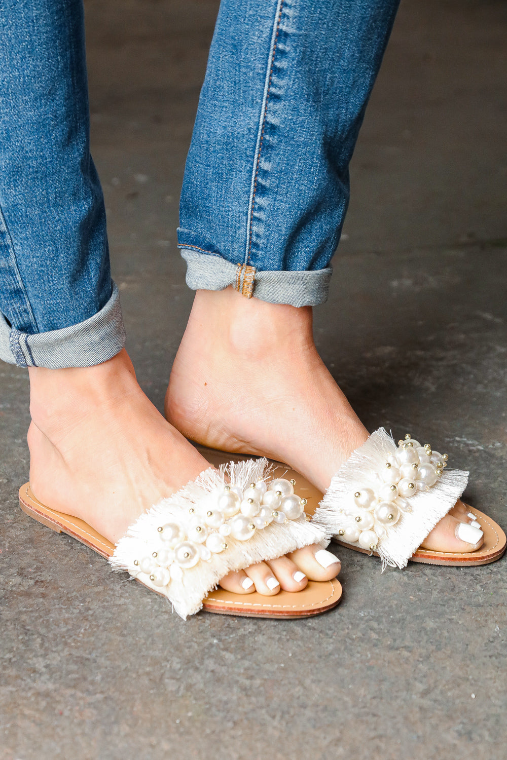 Ivory Linen Fray Beaded Faux Pearl Slide Sandal (Open Pack)