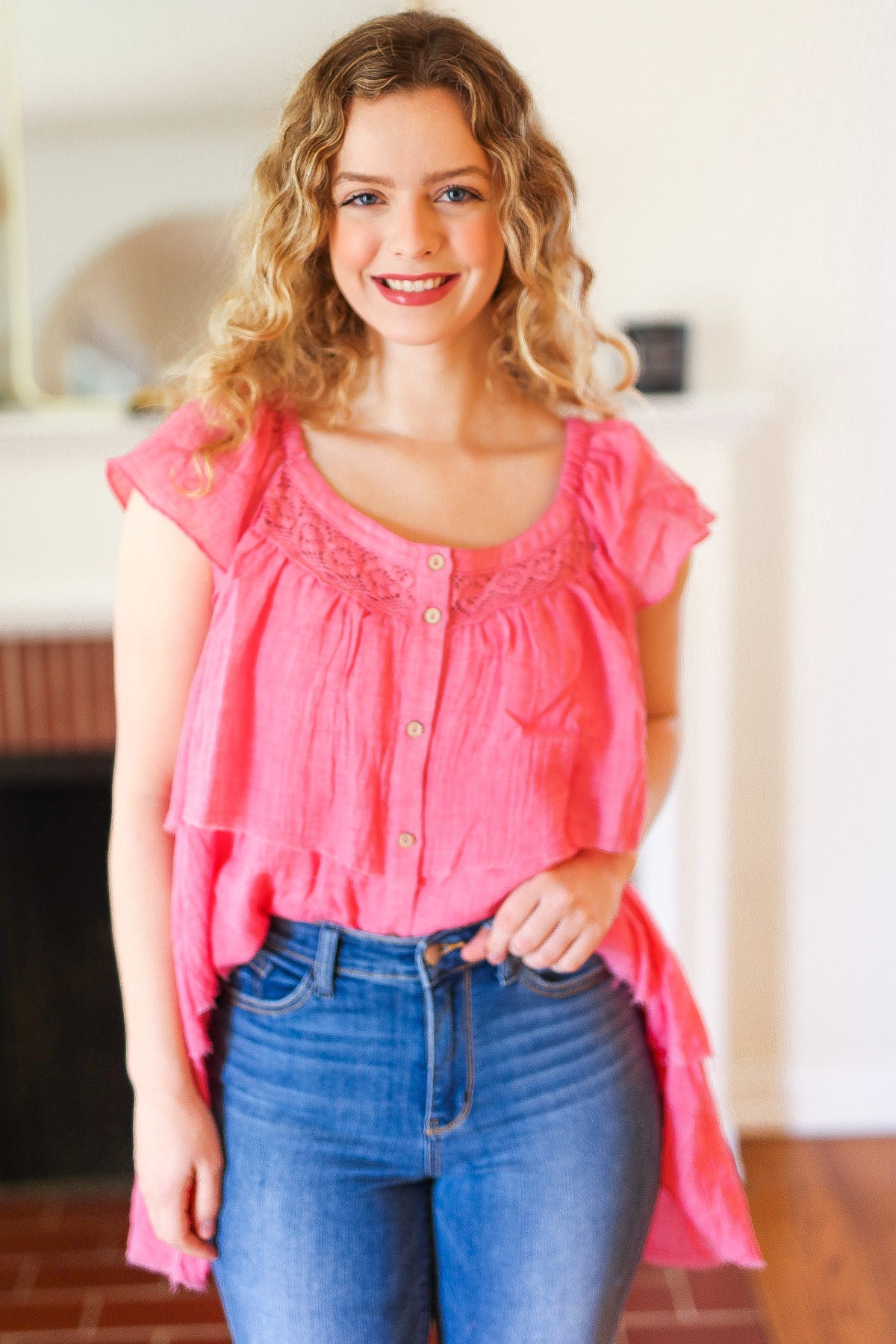 Strawberry Pink Crochet Detail Tiered Sleeveless Blouse