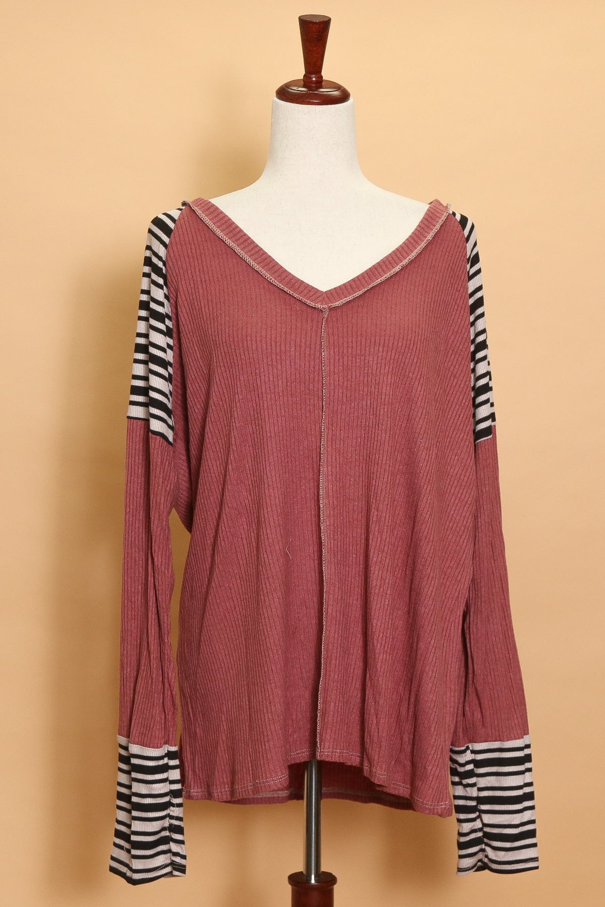 Plus Exposed Seam Stripe Detail Ribbed Top
