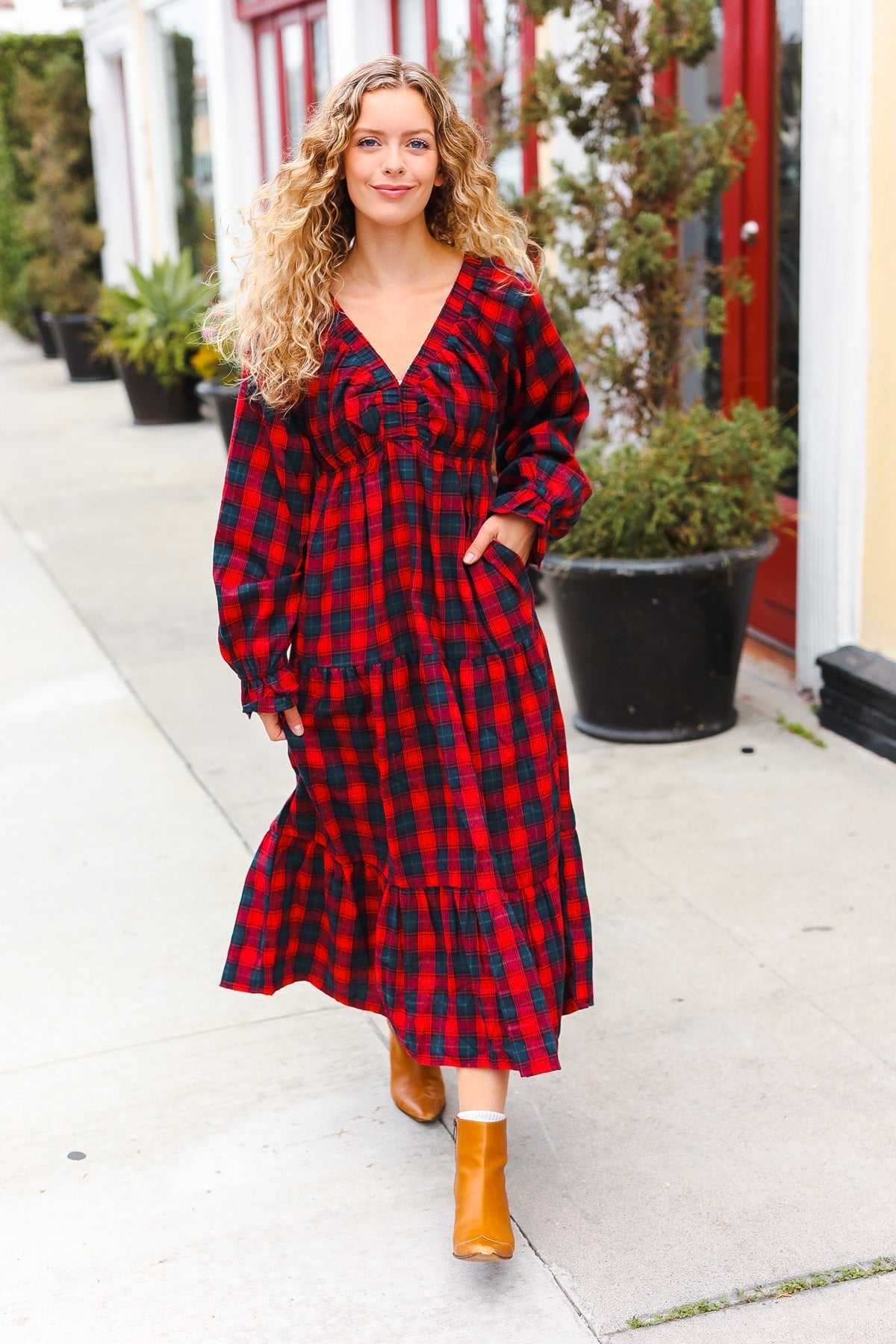 All I Want Red Plaid Elastic V Neck Tiered Maxi Holiday Dress (Open Pack)