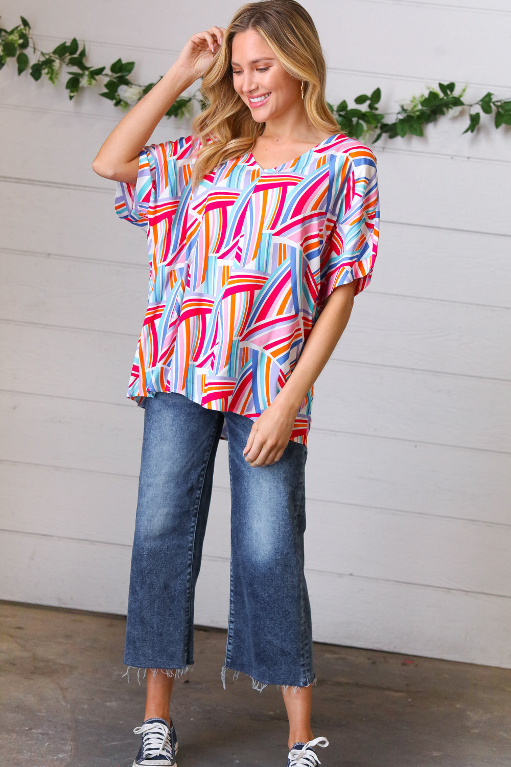 Blue & Fuchsia Geometric Print Woven Top (Open Pack)