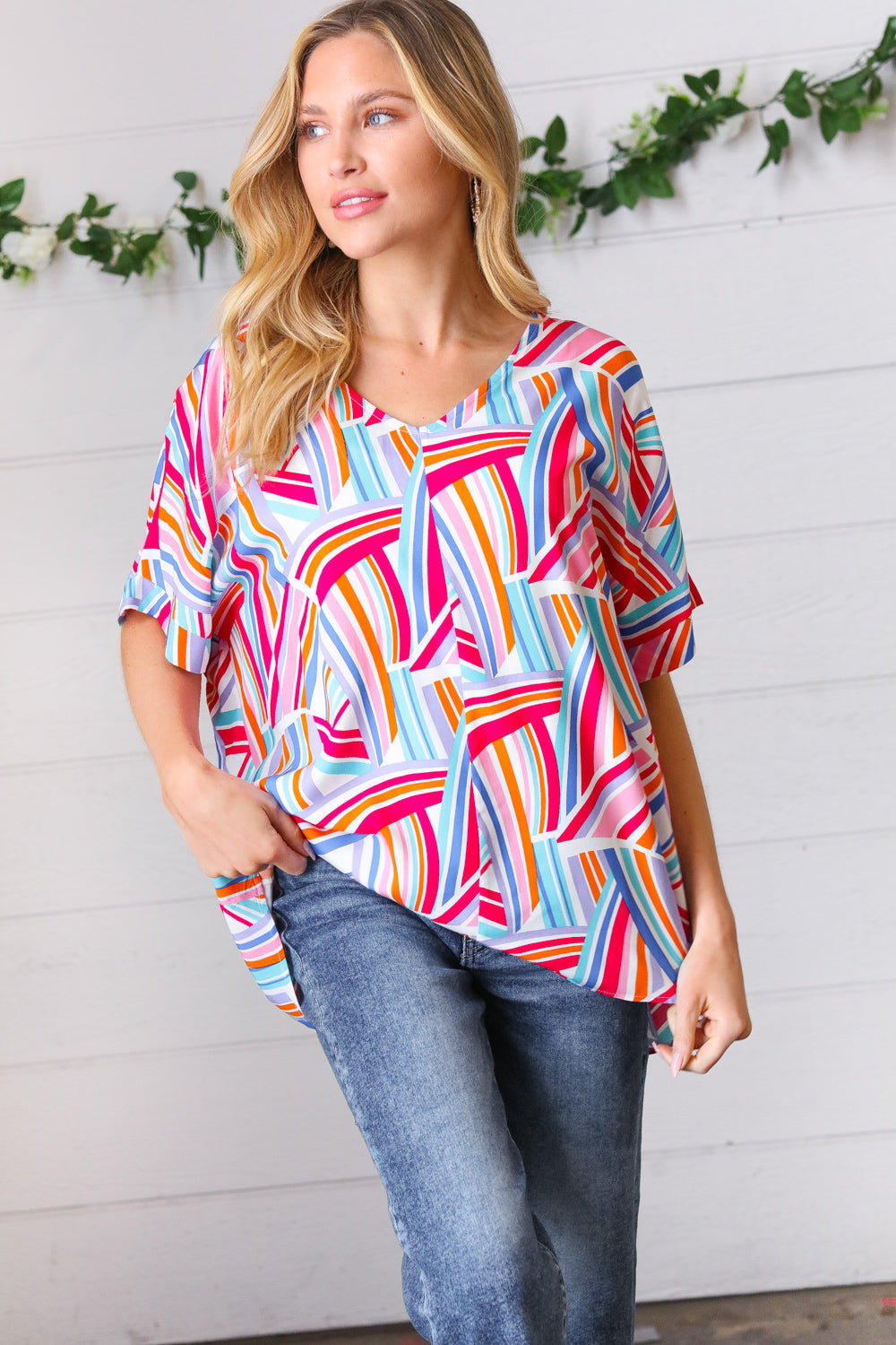 Blue & Fuchsia Geometric Print Woven Top (Open Pack)