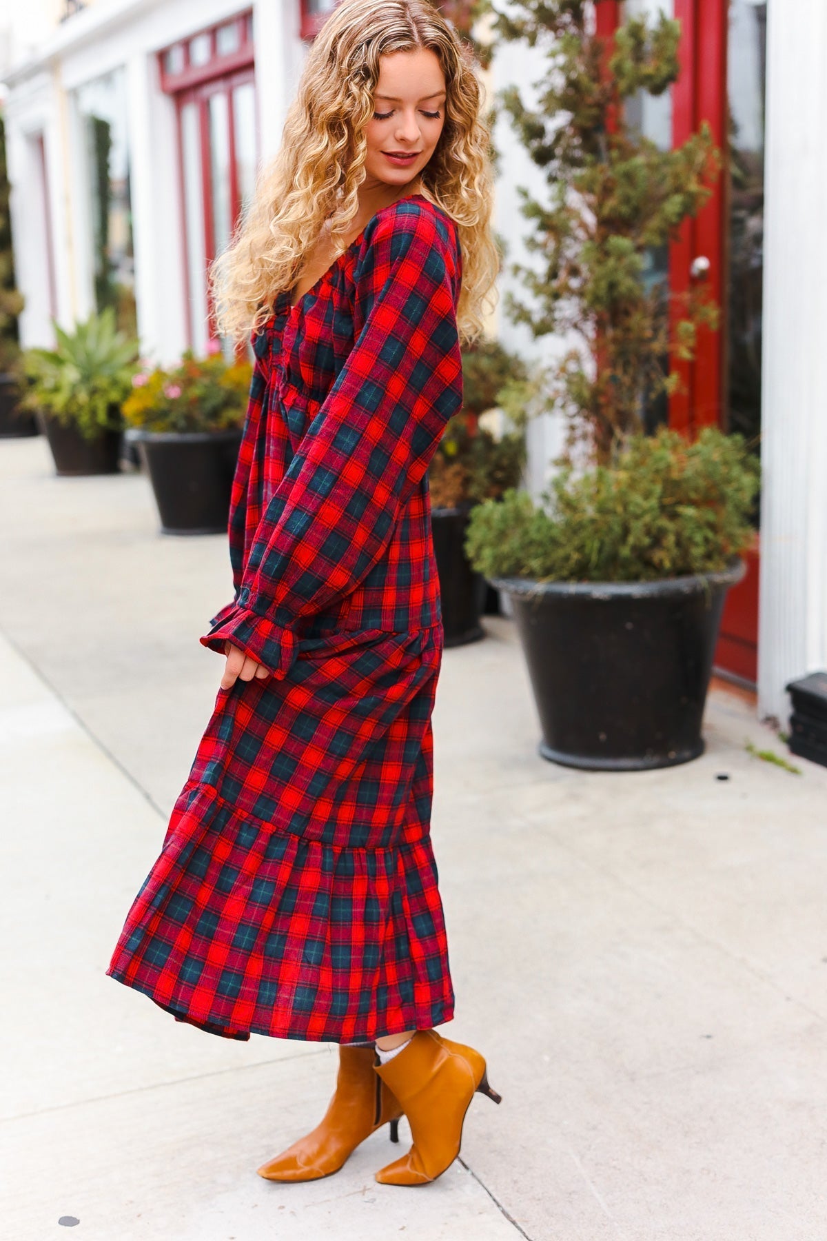 All I Want Red Plaid Elastic V Neck Tiered Maxi Holiday Dress (Open Pack)
