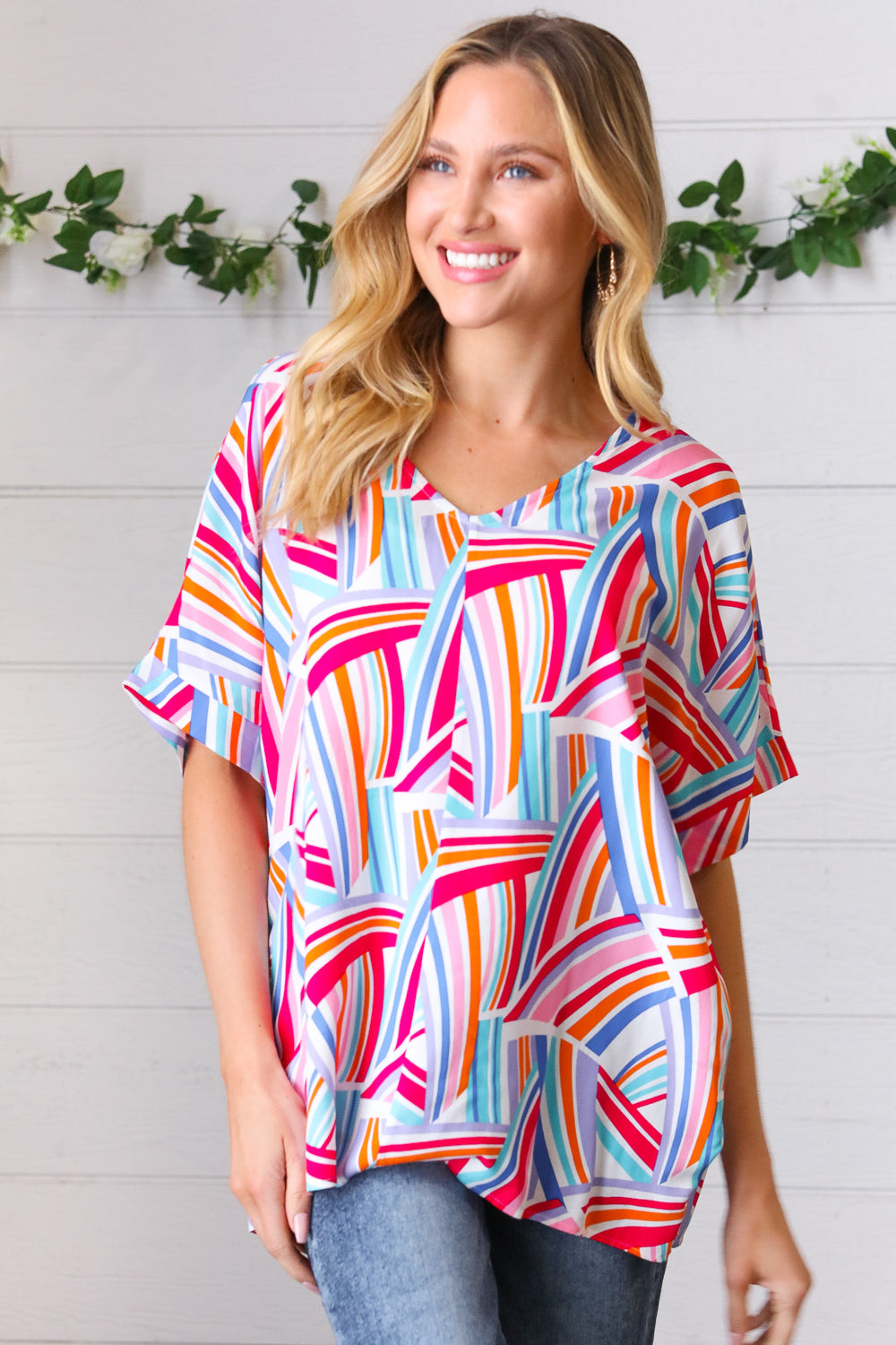 Blue & Fuchsia Geometric Print Woven Top (Open Pack)