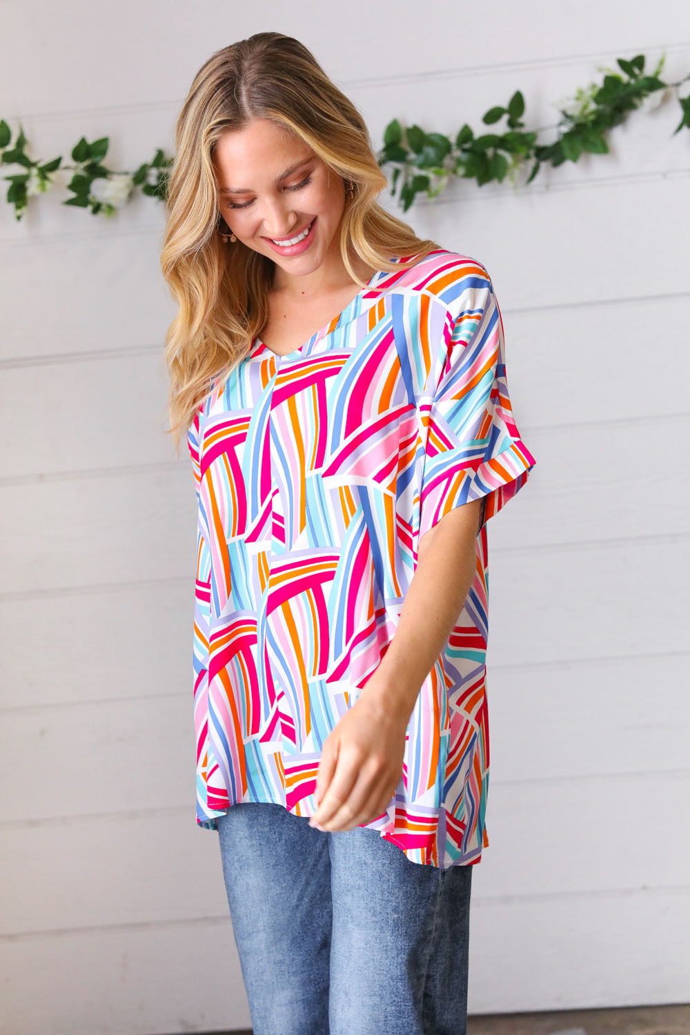 Blue & Fuchsia Geometric Print Woven Top (Open Pack)