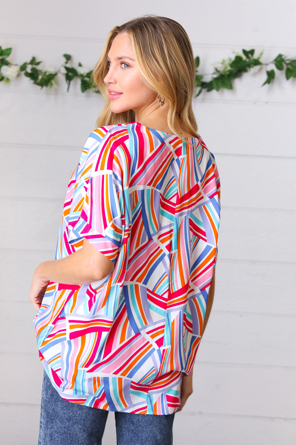 Blue & Fuchsia Geometric Print Woven Top (Open Pack)