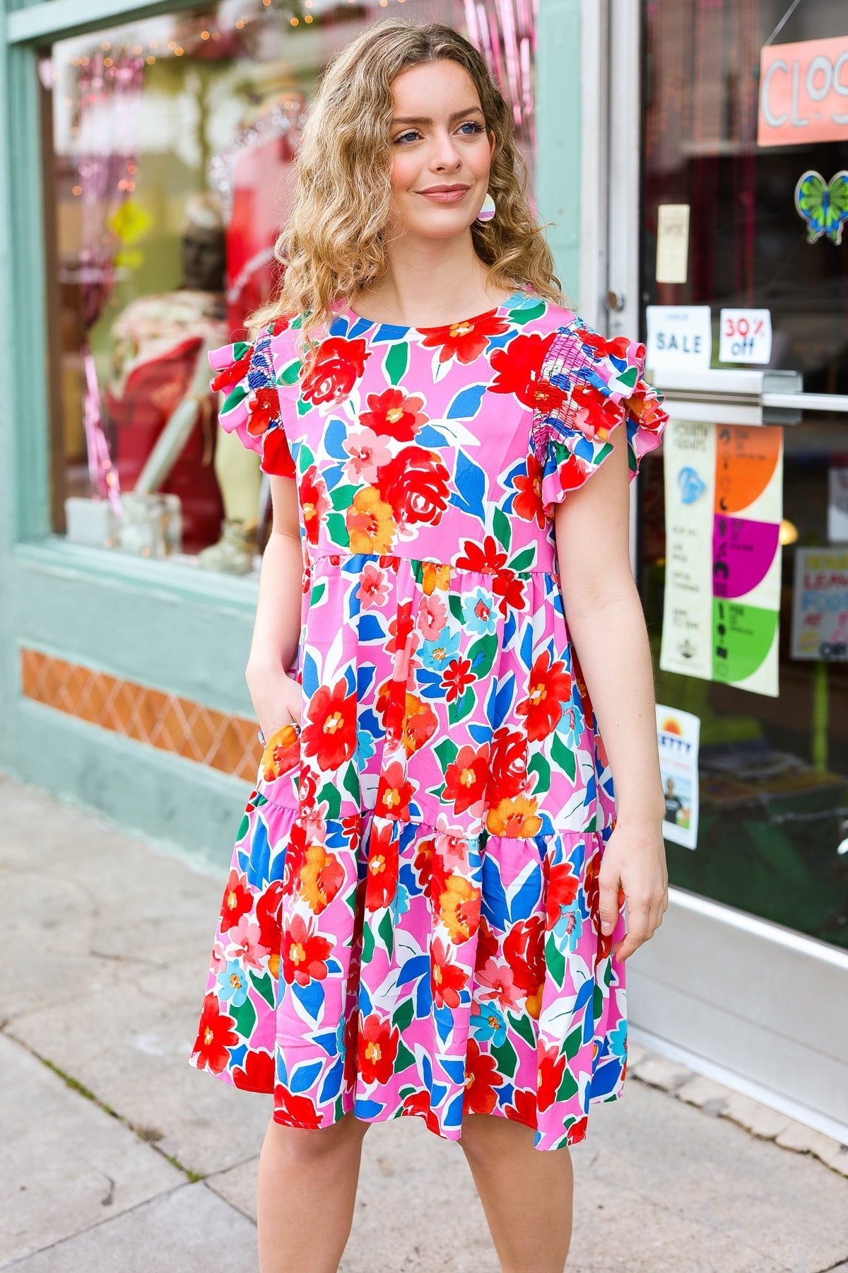 Love Found Pink Floral Smocked Ruffle Sleeve Tiered Dress (Open Pack)