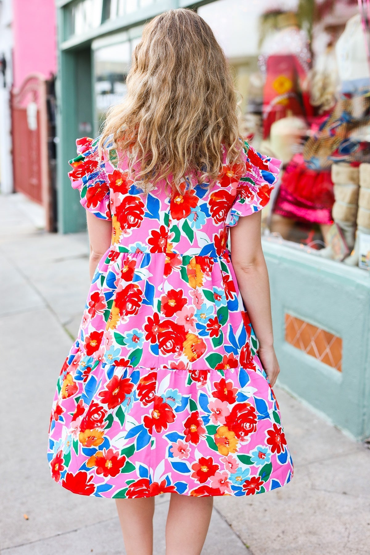 Love Found Pink Floral Smocked Ruffle Sleeve Tiered Dress (Open Pack)
